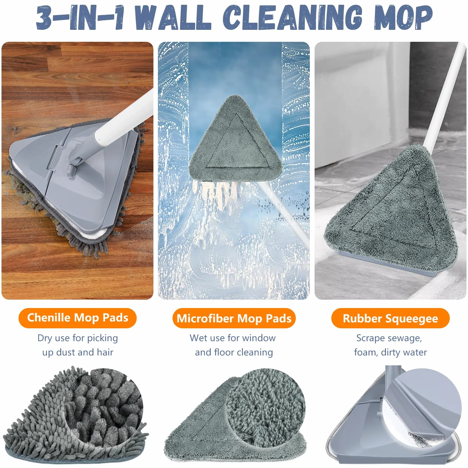 TAOPE Mopa para Limpiar Azulejos y Paredes, Limpiador de Techos con Mango Largo de 200 CM, Fregona Limpieza Plegable con 6 pcs Microfibra Chenilla, Gris Trapeador de Triangular para Ventana