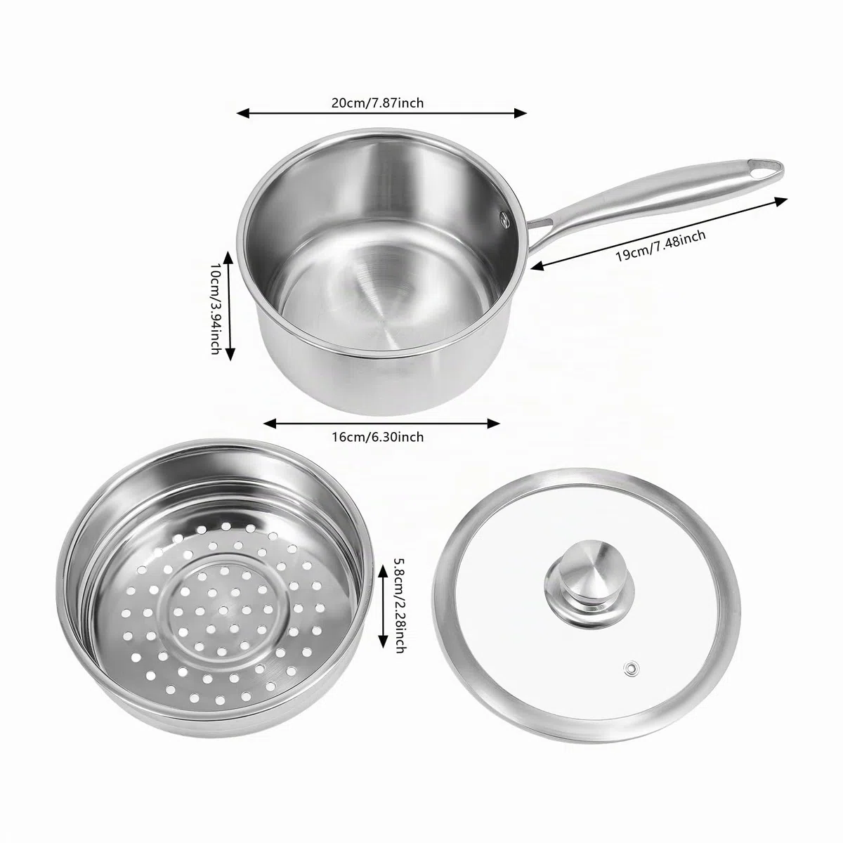 Olla de vapor de inducción, olla de vapor con tapa de cristal y vaporera, olla de acero inoxidable de 16 cm, apta para lavavajillas, para cocina de gas, cocina de inducción