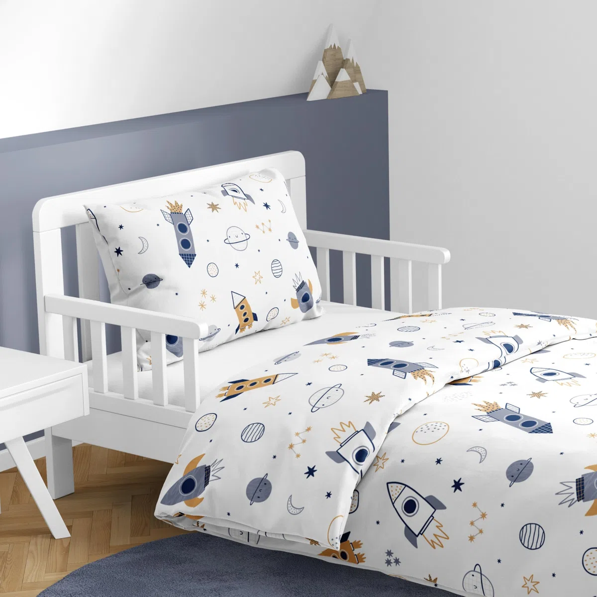 Ropa de cama infantil, diseño de espacio y cohetes, funda nórdica 100x135 cm y funda de almohada 40x60 cm, algodón Öko-Tex (espacio)