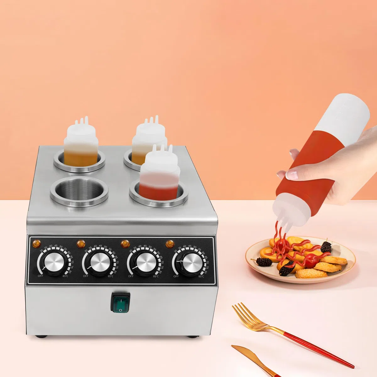 Calentador de salsas eléctrico de acero inoxidable, dispensador con 4 botellas de expresión, 800 W, para buffet y gastronomía, dispositivo de mesa con regulación de temperatura para ketchup