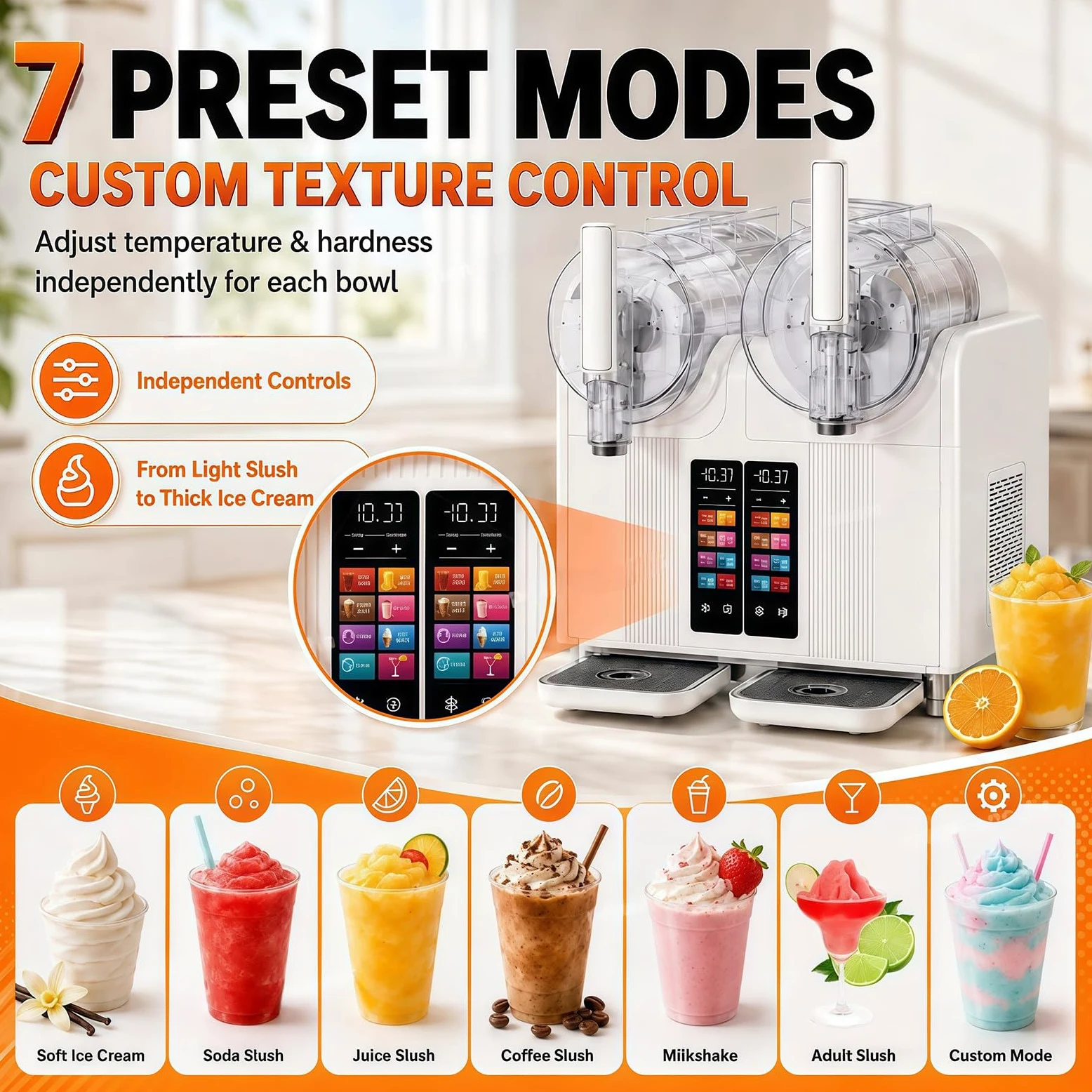 Máquina para Granizados y Slush 2 en 1, Máquina de Helado Soft Profesional con 2 Tanques, Dispensador Automático Táctil para Batidos, Smoothies, Helado y Bebidas Frías para Fiesta y Bar White