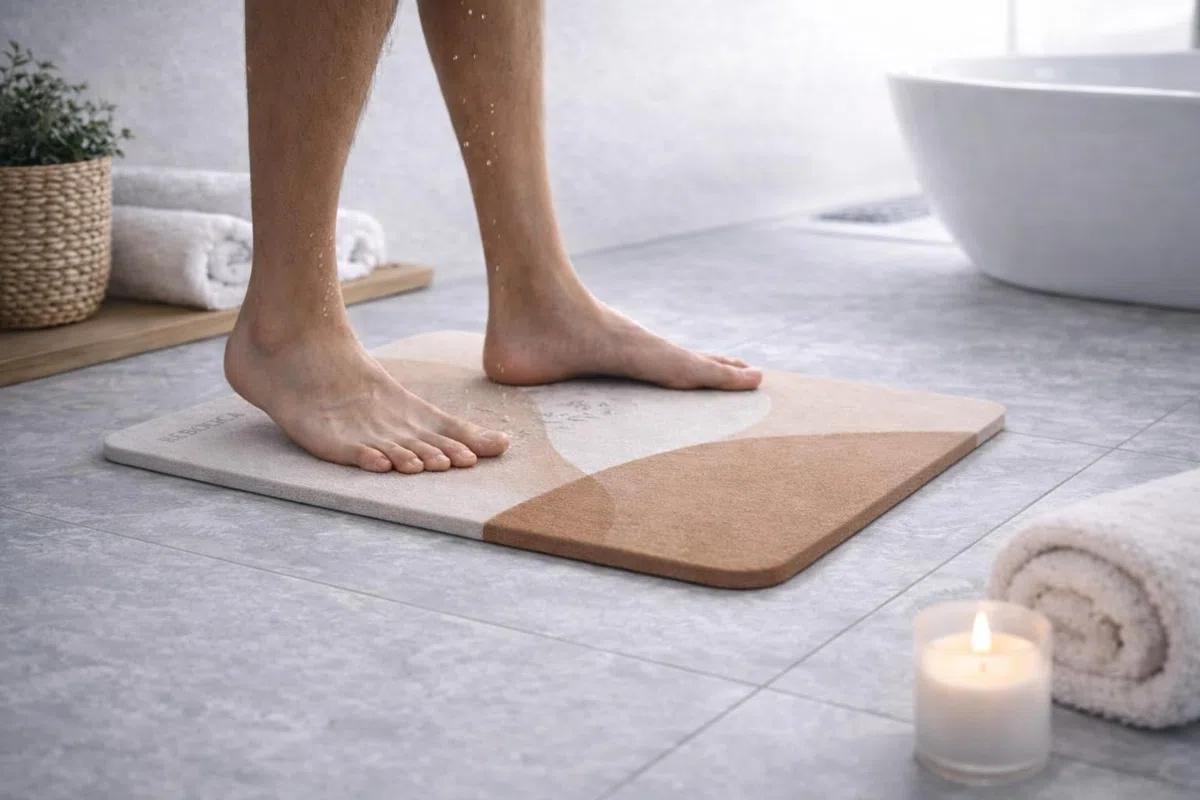 Alfombra de Baño de Diatomita Antideslizante – 60x40 cm – Secado Rápido y Alta Absorción – Alfombra de Piedra Natural para Ducha y Baño Moderno - Marron