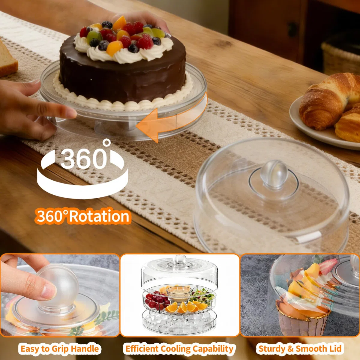Bandeja para tartas con tapa, soporte para tartas 6 en 1 con pie, campana de plástico redonda, plato giratorio con pala de hielo y pinzas de cocina, plato de servir ensalada de aperitivos y