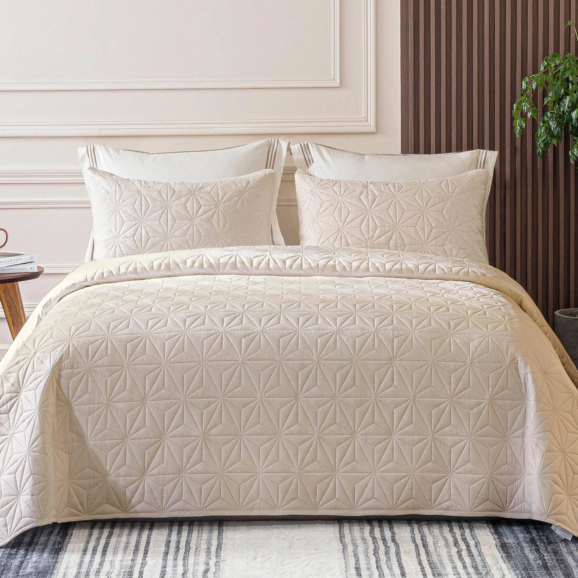 Whale Flotilla Colcha Bouti para Cama 220 x 240 cm, con 2 Fundas de Almohada, Colcha para Suave y Ligera con Diseño Geométrico para 4 Estaciones, Beige
