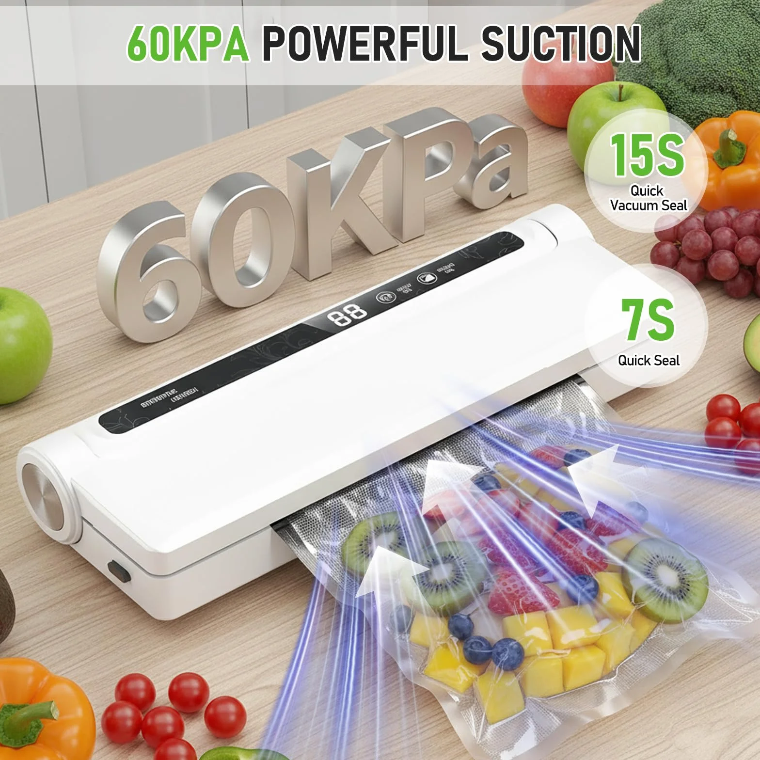 Envasadora al Vacío de Alimentos, con 20 Bolsas, 2 en 1, con Modos Húmedo y Seco Para Conservar Frutas, Verduras, Pan y Carne, Succión de 60 kPa