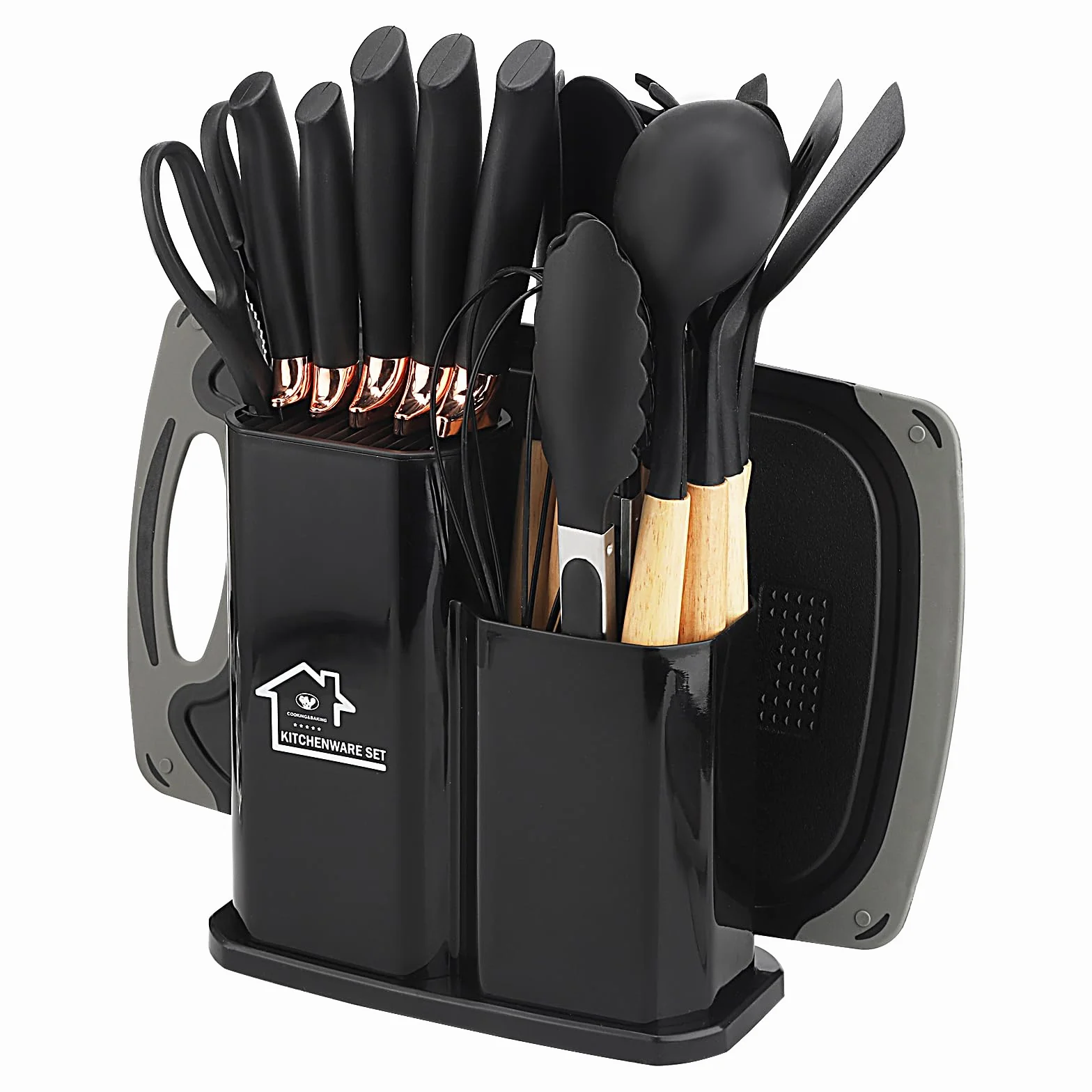 Juego de Cuchillos de Cocina de 19 Piezas, Juego de Utensilios de Cocina de Silicona, Incluye Cinco Cuchillos y una Tabla de Cortar, con Caja de Almacenamiento (Negro)