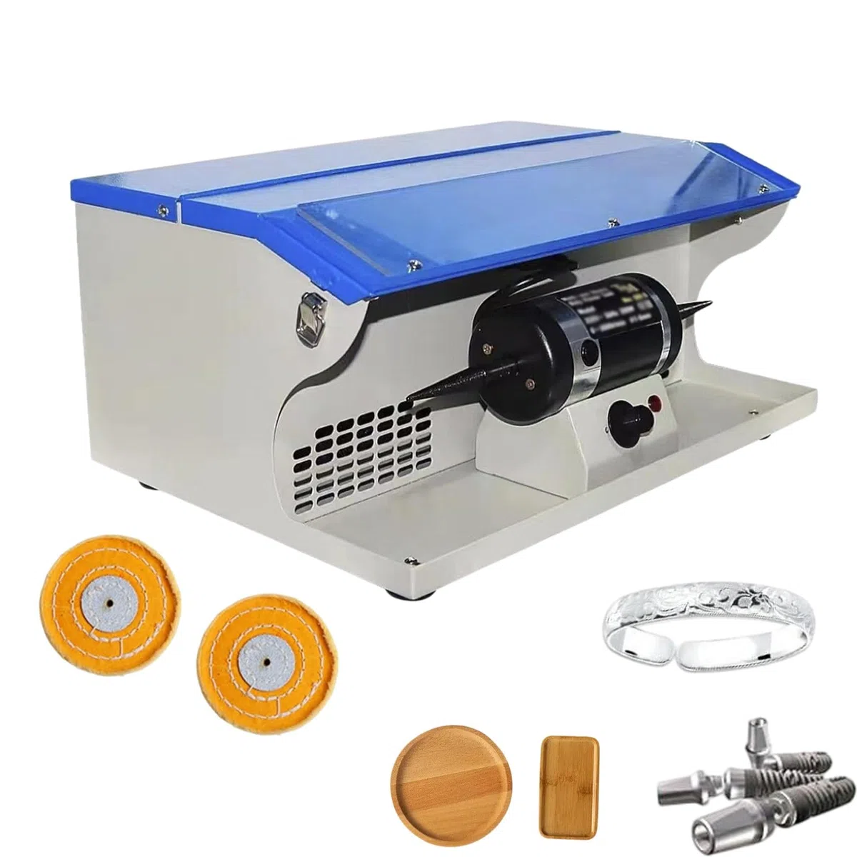 Pulidora de banco de 200 W con velocidad ajustable, recolector de polvo, luz y extractor, máquina de pulido y abrillantado para trabajos en metal, madera y piedra