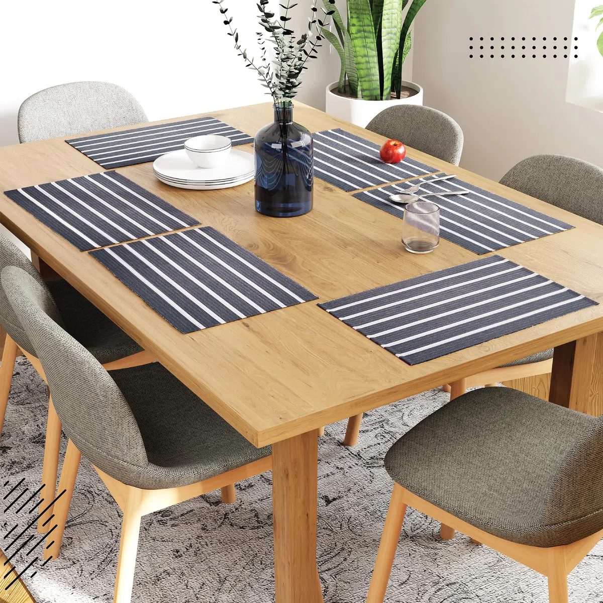 Encasa XO Juego de Manteles Individuales para Mesa de Comedor Set de 6 | Color Roma Gris Rayas | Mantel de Algodón Acanalado Fino | Tamaño 48x32 cm | Lavable a Máquina