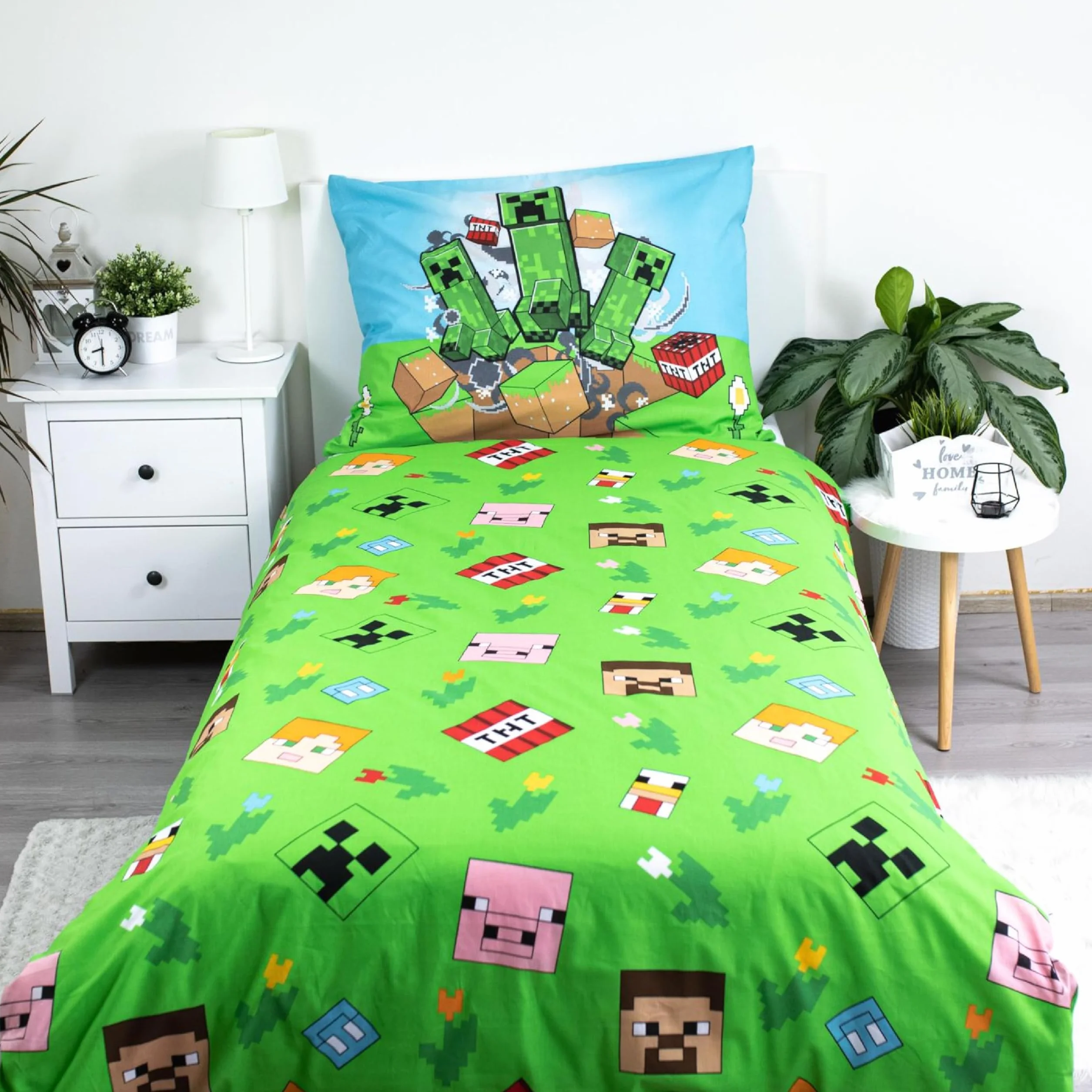 Juego de ropa de cama infantil Minecraft, juego completo de dos piezas, funda de edredón 140 x 200 cm, funda de almohada 70 x 90 cm, con cremallera, 100% algodón, certificado Öko-Tex Standard 100
