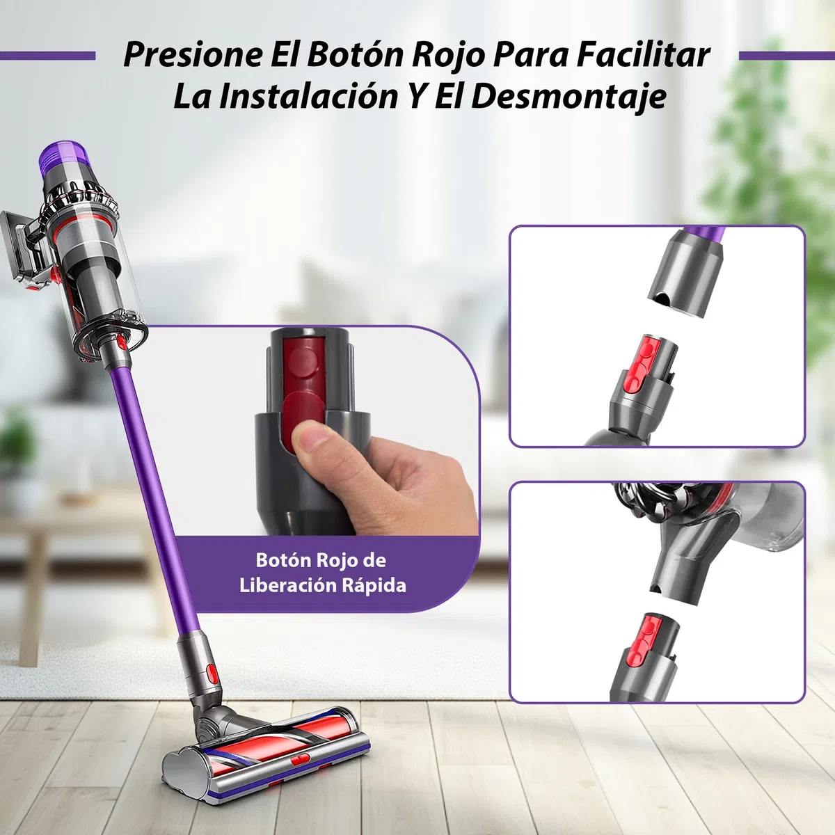Tubo de Extensión compatible con Dyson V7 V8 V10 V11 V15, Tubo Telescópico Rígido para Aspiradora Dyson, Barra Extensible con Cepillos 2 en 1, Accesorio Aspiradora, Morado