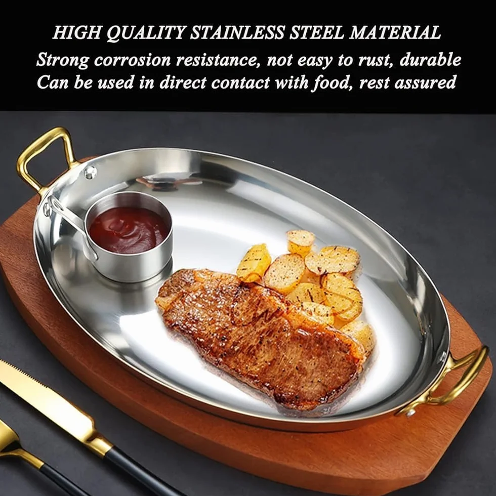 Plato ovalado de acero inoxidable con asas dobles para mariscos, carnes, postres, elegante bandeja para aperitivos, esencial para la cocina, acabado plateado, 25 cm