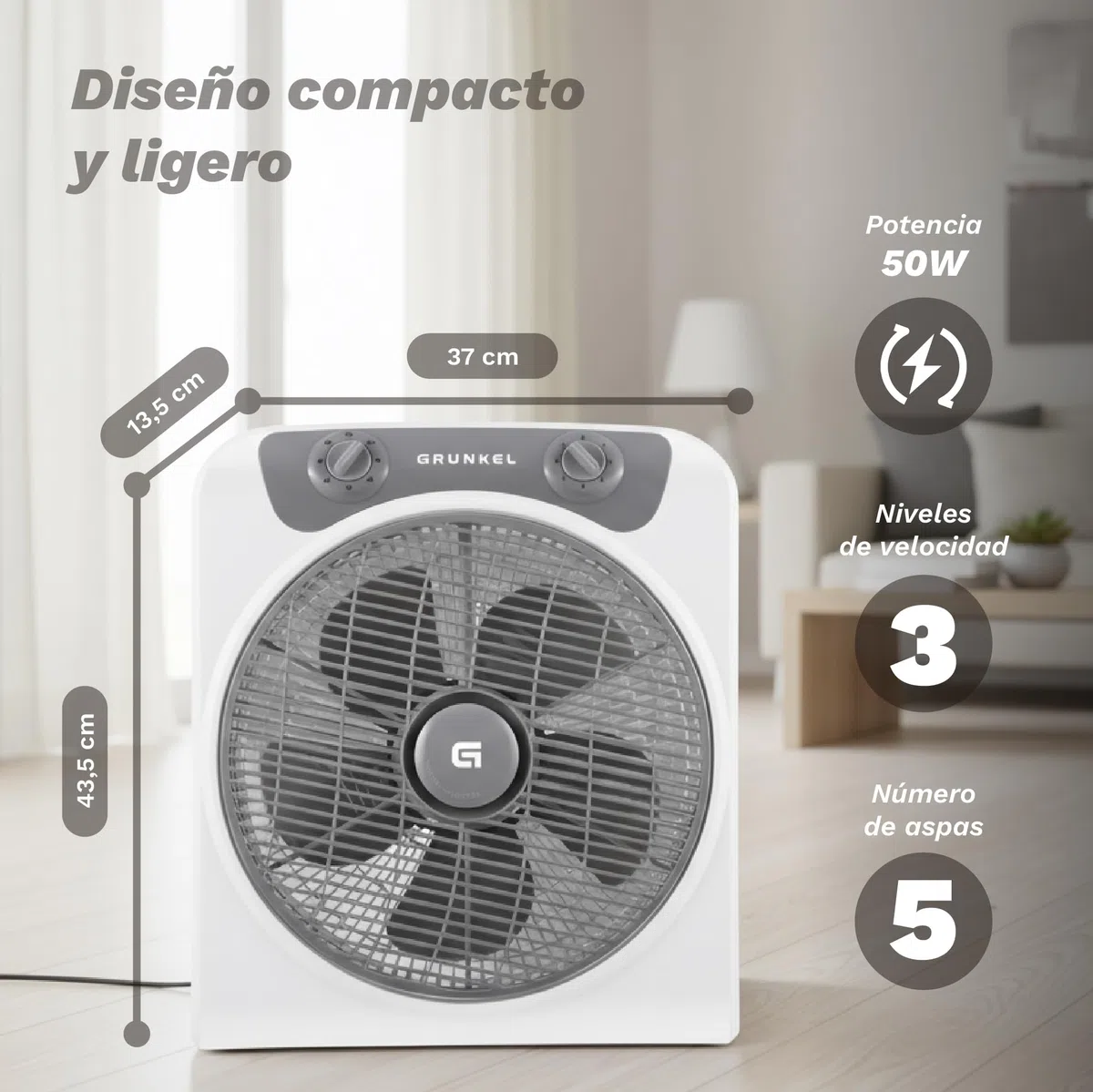 Grunkel - Ventilador de suelo potente y ligero - BOXFAN - Circulador de aire con temporizador de 60 minutos y 3 velocidades. Aspas 30cm de diámetro, función oscilación. - 50W