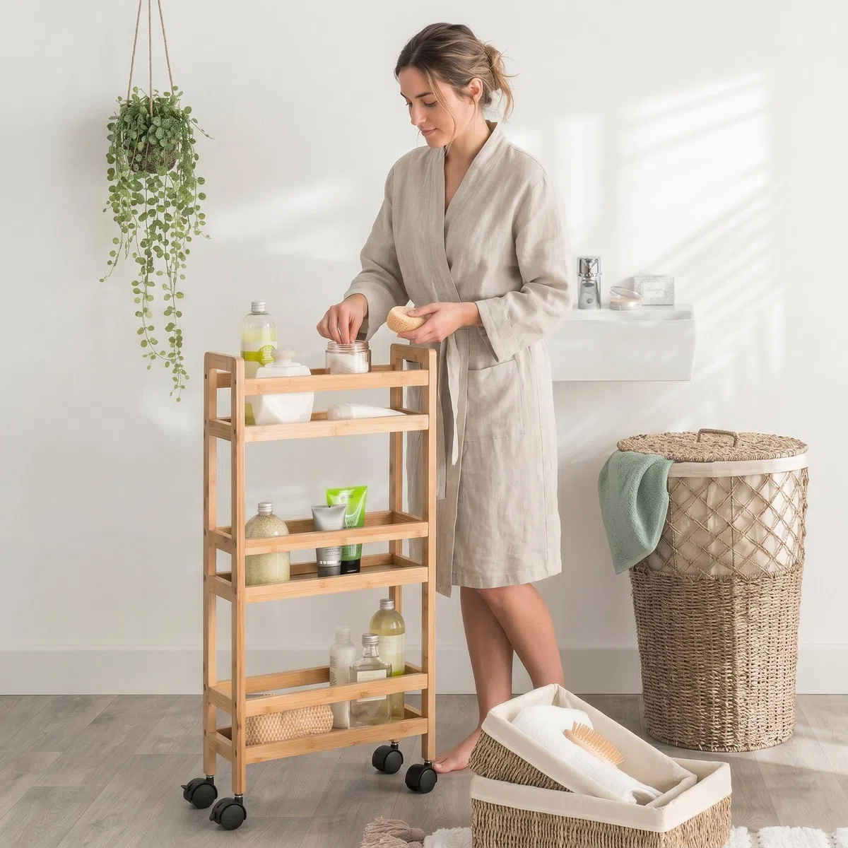 Carrito Auxiliar con Ruedas de 3 Niveles, Carrito Cocina Bambú, Carrito Estrecho de Almacenamiento, Ahorra Espacio, para Baño, Cocina, Oficina, 74,5 x 36 x 15 cm