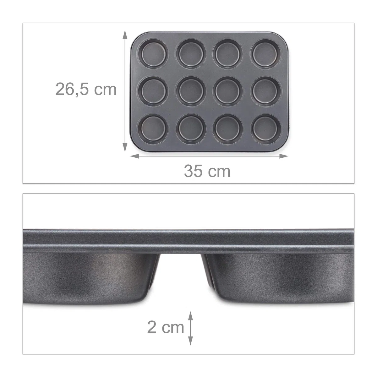 Relaxdays Moldes Magdalenas, Set 2, Bandejas para 12 Muffins y Cupcakes, Antiadherentes, Acero al Carbono, 6,5cm Ø, Gris