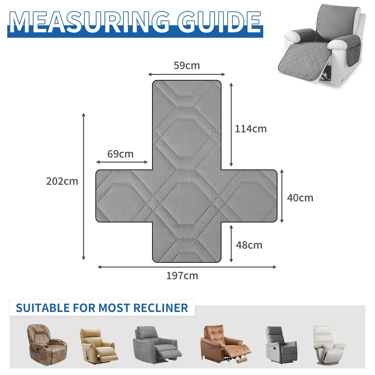 YSTELLAA Funda Sillon Relax Reclinable 1 Plaza, Impermeable Funda Sillon, Fundas para Sillones con Bolsillo Laterales, Mascotas, Antiarañazos(1 Asiento, Gris Claro)