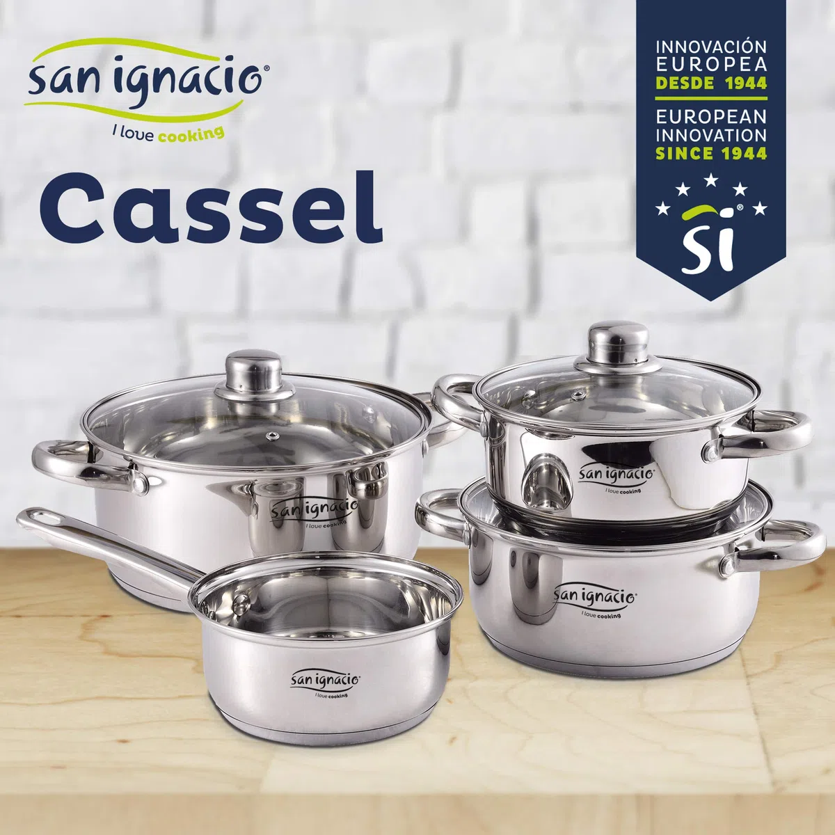 San Ignacio Bateria 7pcs acero inoxidable: Cazo sin tapa Ø16 / Cacerolas con tapa Ø18 ; Ø20 y Ø24 (4.0L) y Set de 3 sartenes Ø16/20/24 cm, aluminio prensado