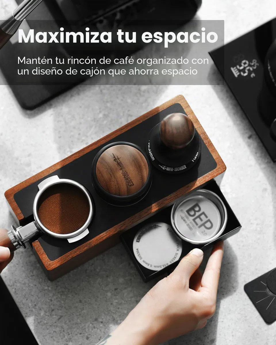 MHW-3BOMBER Estación de apisonamiento de espresso, caja organizadora 4 en 1 de nogal con cajón magnético para almacenamiento de espresso de 51 a 58 mm, distribuidor, portafiltro y accesorios de