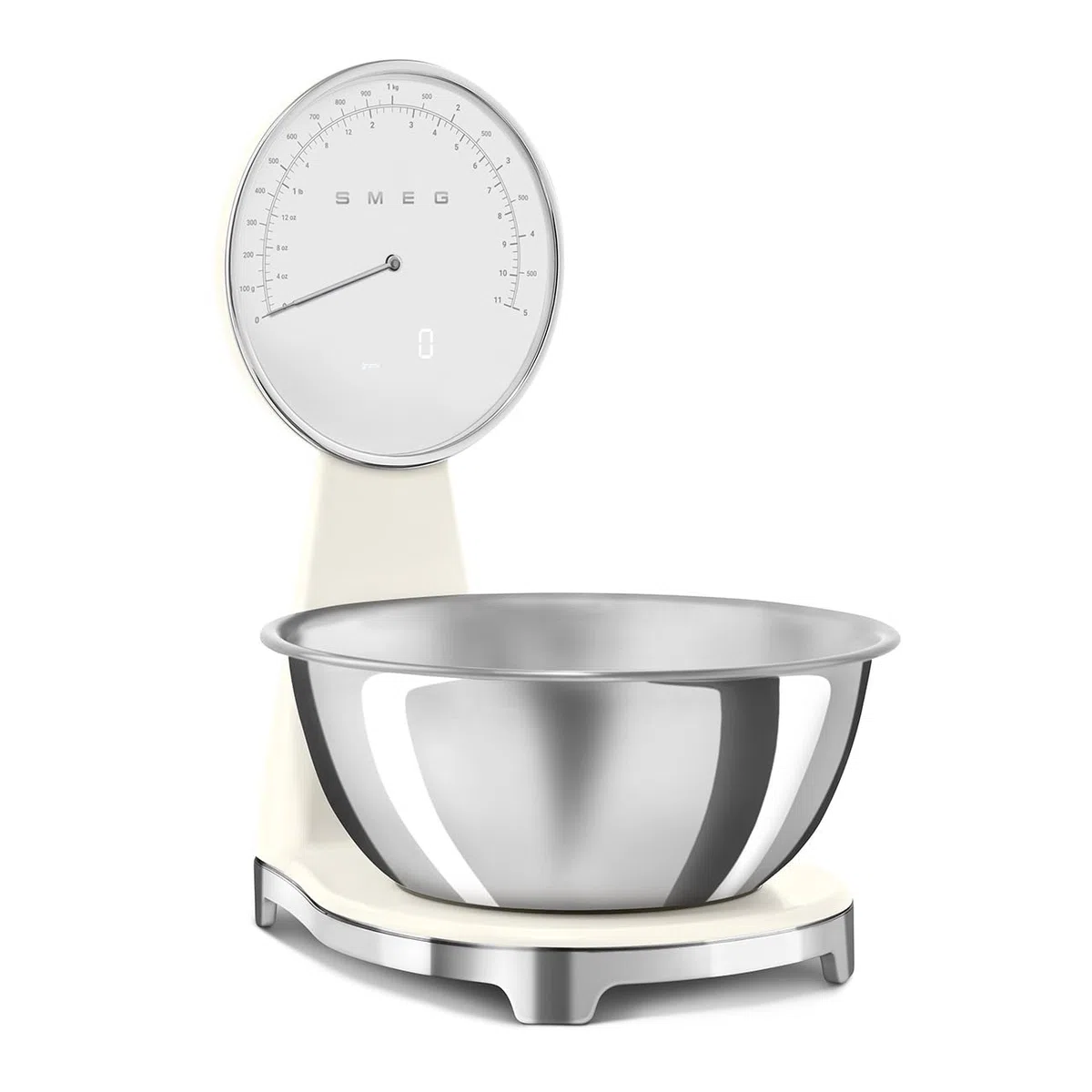 Smeg, báscula de cocina digital y analógica KSF01PBWW, cuenco extraíble de acero inoxidable de 1,8 L, cuatro unidades de medición g/ml y lb.oz/fl.oz, con función tara, capacidad máxima de 5 kg, crema