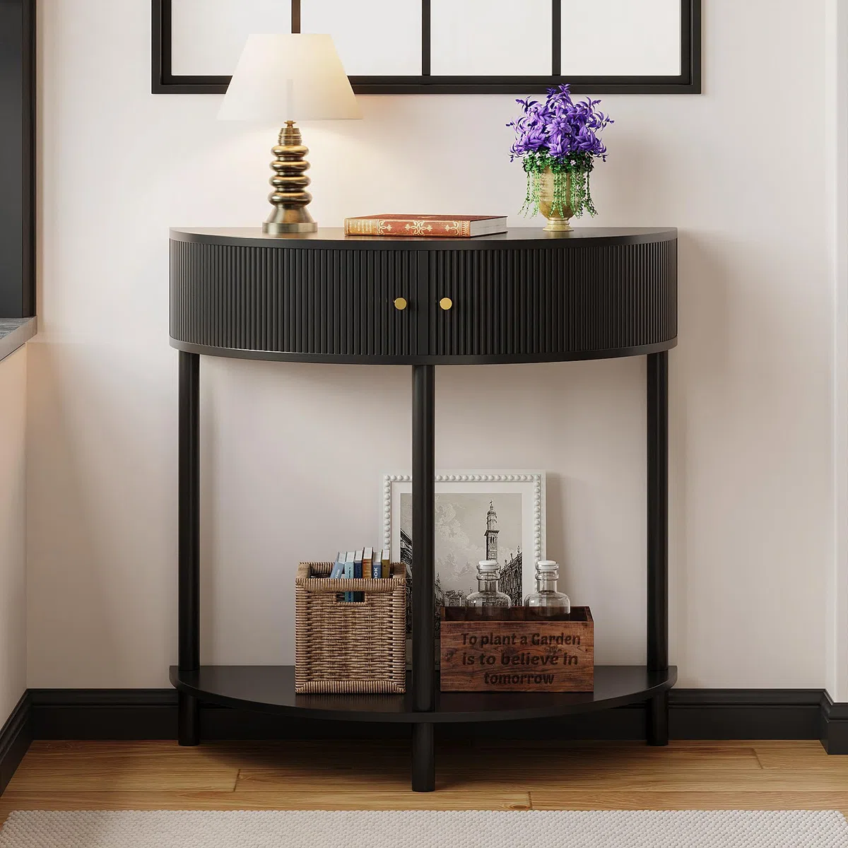 Trironsun Mesa de consola de media luna con espacio de almacenamiento, mesa de pasillo estrecha con 2 cajones, asas y estantes dorados, mesa auxiliar de madera boho para sala de estar, dormitorio o