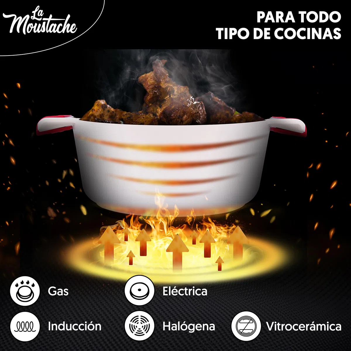 La Moustache - Cacerola Alta 24 cm, Aluminio Fundido con Antiadherente y Antirayaduras para Todas las Cocinas, Incluida Inducción, Sin PFOA, Tapa de Cristal, Asas de Silicona Ergonómicas (Blanco)