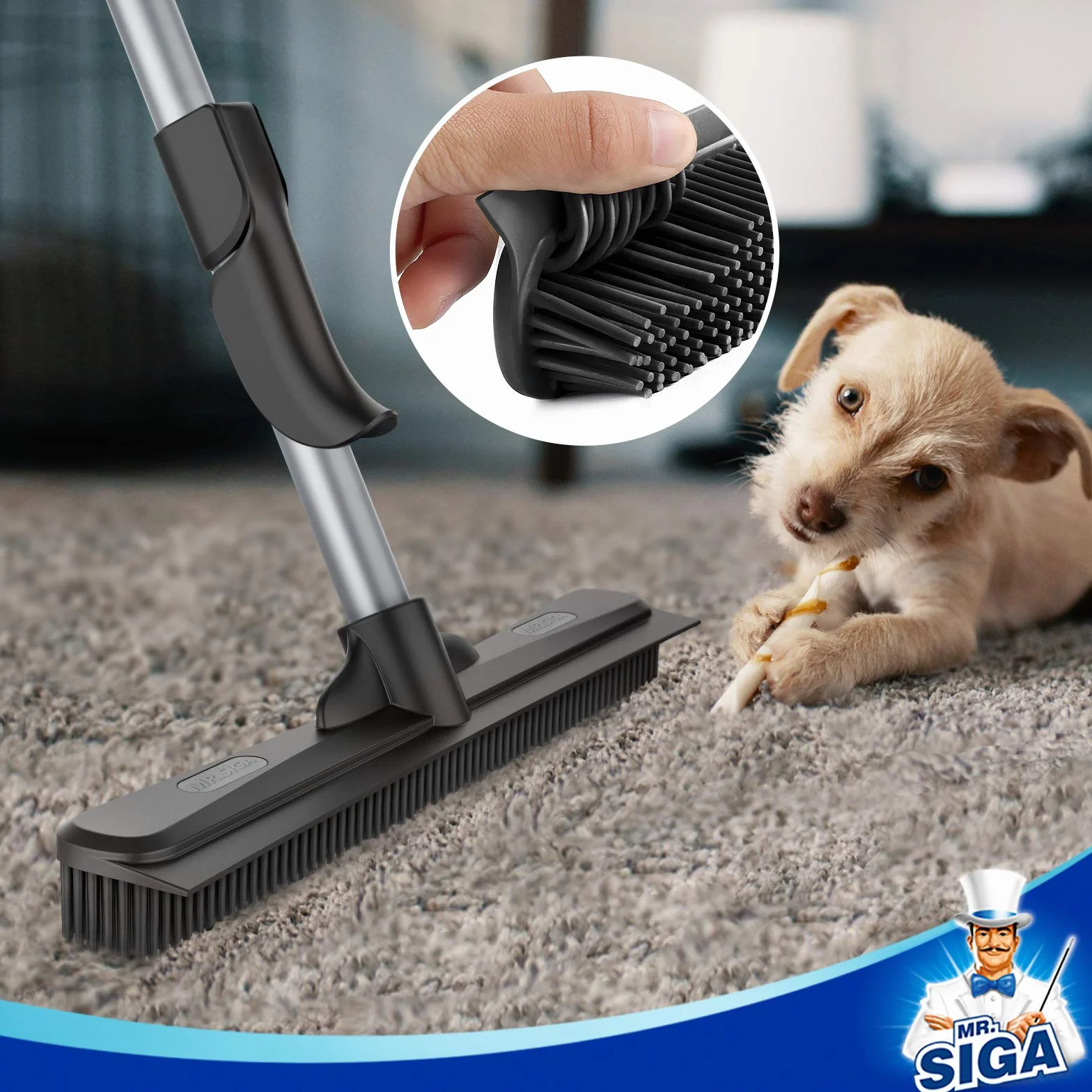 MR.SIGA Escoba de Goma, Escoba con Cerdas de Caucho Natural para Pelo Humano y de Mascotas Uso en Interior y Exterior. Limpia Alfombras, Suelos de Madera, Cubiertas y Ventanas