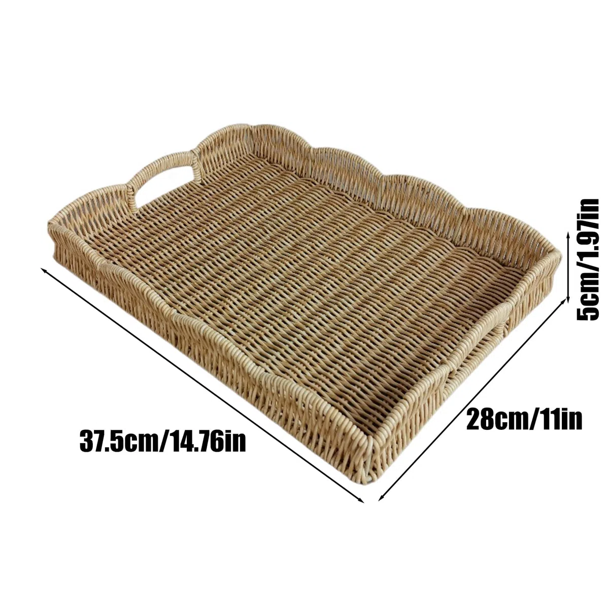 Bandejas decorativas de ratán tejido para desayuno, sala de estar, dormitorio, sofá, al aire libre, terraza, camping, picnic, fiestas familiares, diseño de borde ranurado