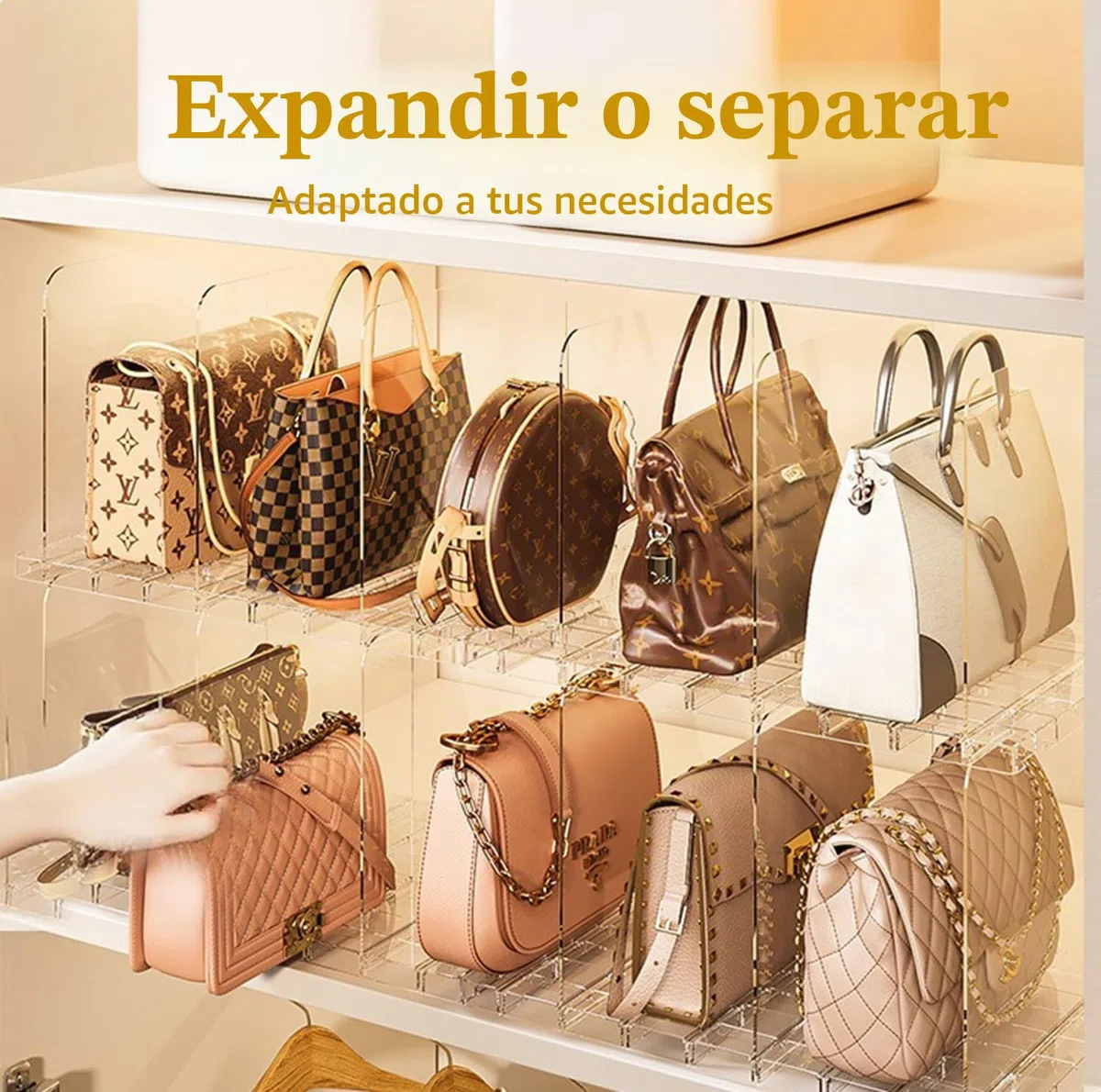 Set de 10 Separadores de Bolsos, Organizador de Bolsos de Plástico, Adjustable Separador Bolsos para Almacenaje Armario Estantes con Base Ranurada y Divisores para cocina, armario, baño