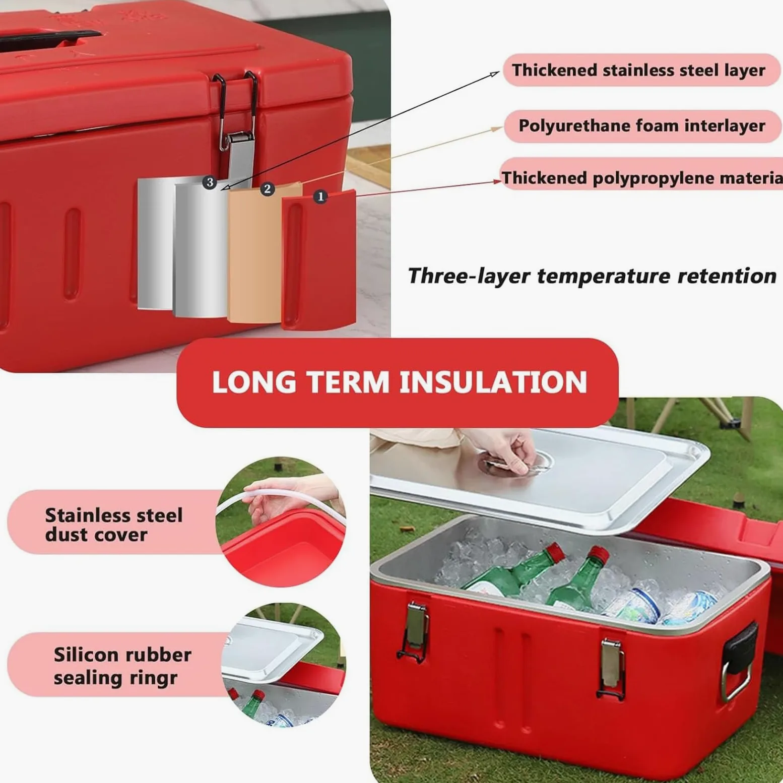 Caja calentadora de alimentos, transportador de alimentos aislado con sartenes de acero inoxidable, 4 hebillas y 2 asas, calentador de alimentos fríos y calientes para catering y camping