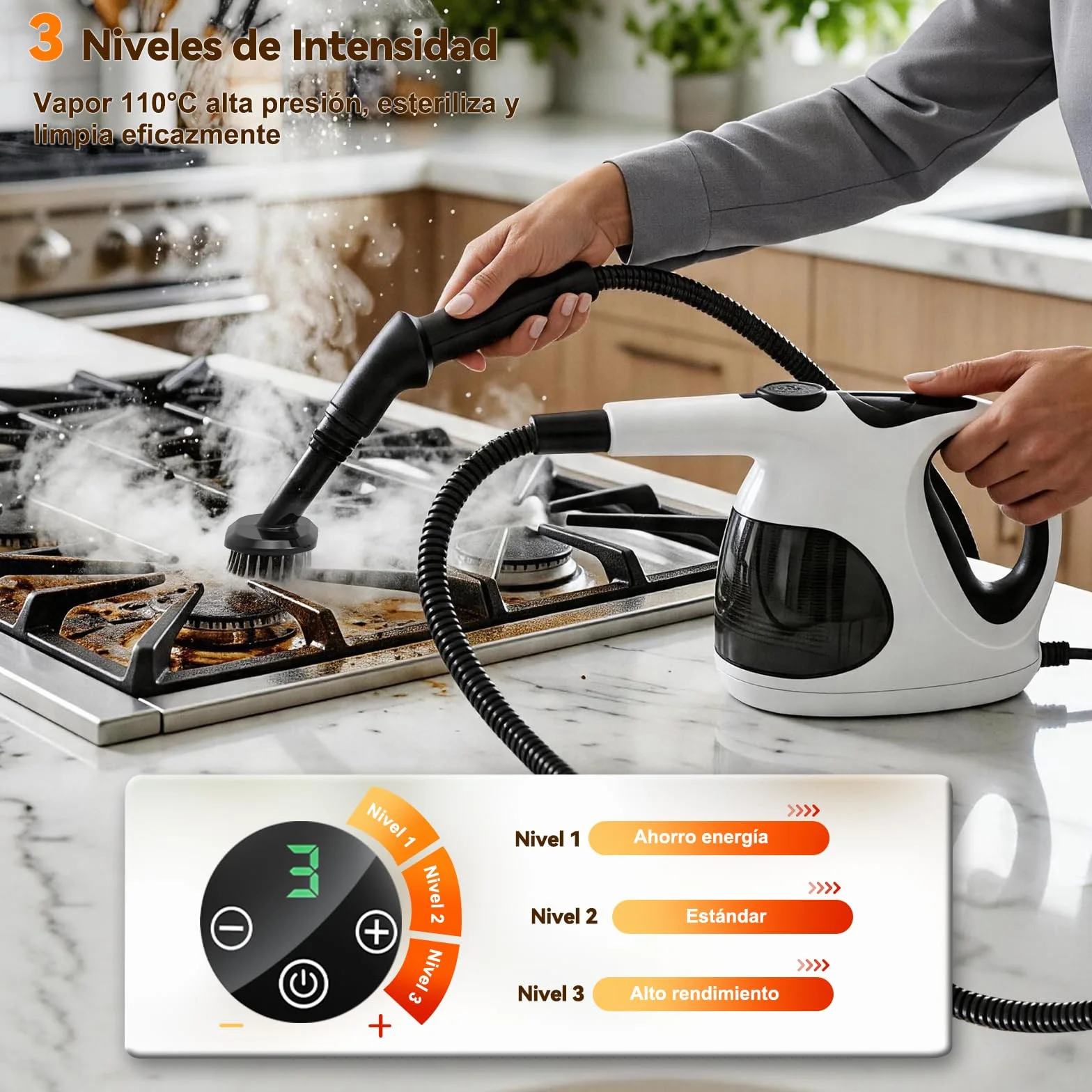 Vaporeta de Mano, Calentamiento en 5S, 400ML Tanque Transparente (Fácil Rellenar), Solo 0.92kg, Vaporeta Limpieza Hogar Con 10 Accesorios, Sin Químicos para limpiar Cocina, Juntas, Sofás, Alfombras