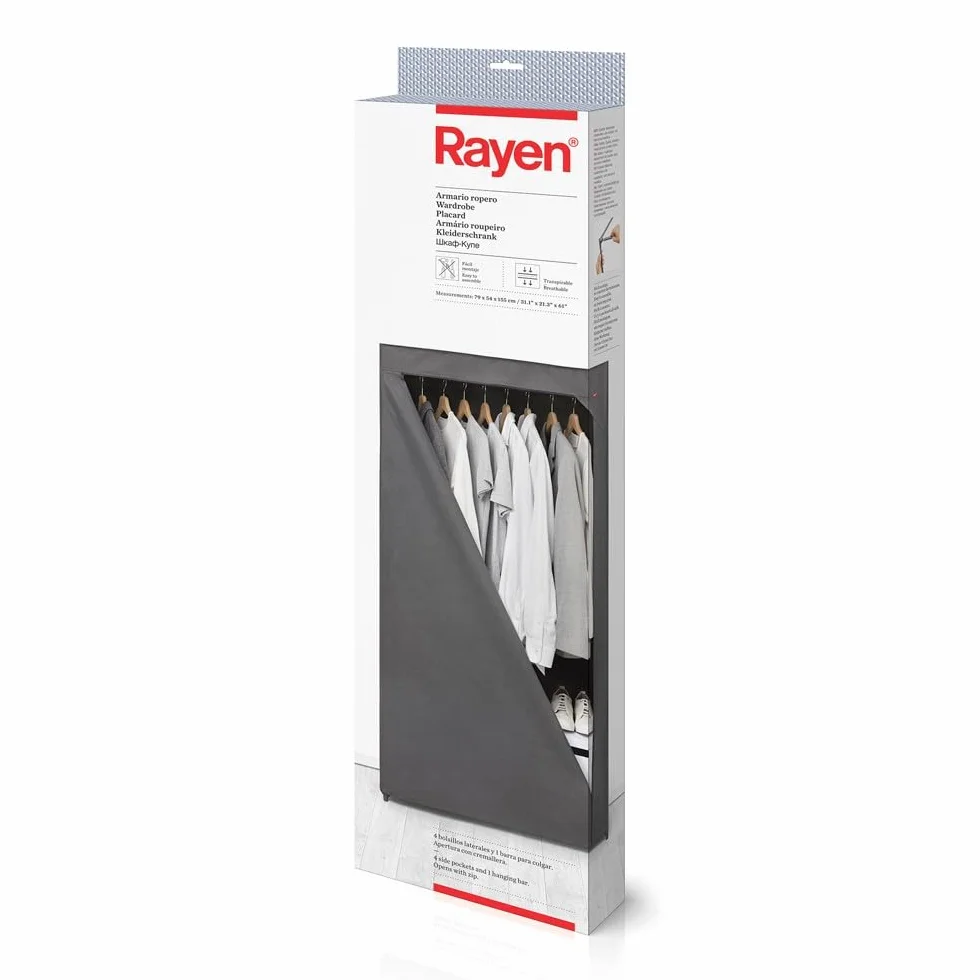 Rayen | Armario y ropero | Armario móvil y versátil | Fácil Montaje | con Barra para Colgar y 4 Bolsillos Laterales | Apertura con Cremallera | Gran Capacidad de almacenaje | 79 x 54 x 155 cm