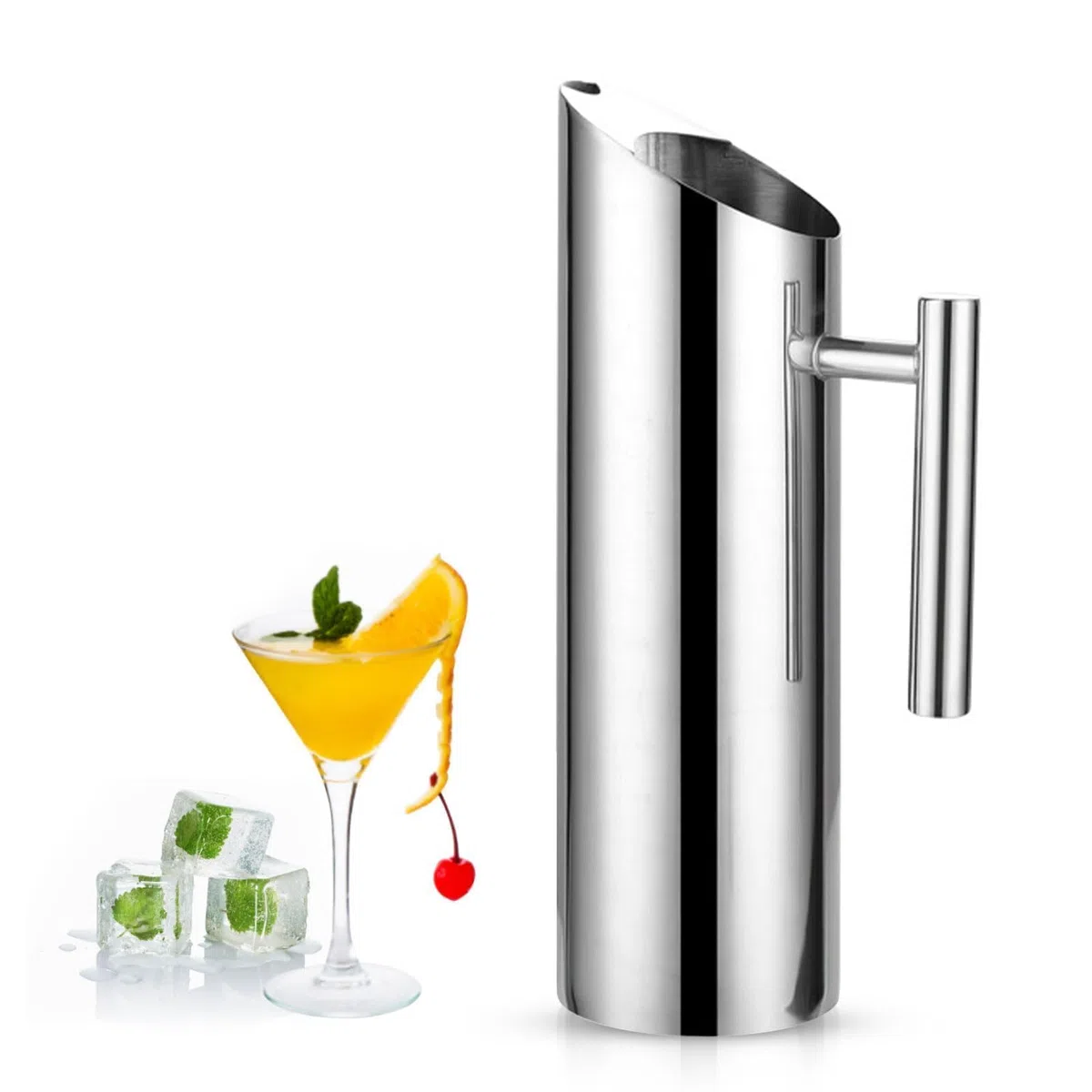 Jarra de agua de acero inoxidable de 1,5 l, jarra metálica con protección contra el hielo; jarra plateada con asa; recipiente para bebidas de botella recta para té helado, zumo y café