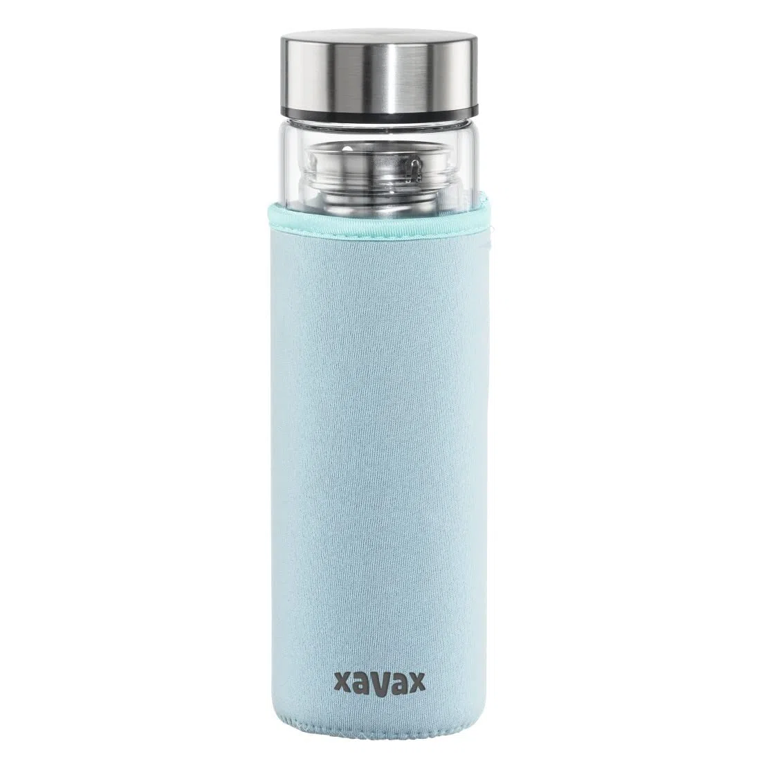 Xavax | Botella de cristal de 450ml con funda protectora (Mantiene la temperatura 2h, Con un colador de té, Hermético, Apto para bebidas carbonatadas y para alimentos), Transparente