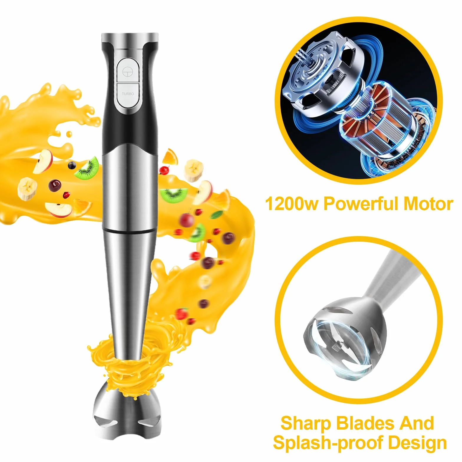 Batidora de Mano 6 en 1 Multifunción 1200W Batidora de Mano Eléctrica Velocidad Regulable en Acero Inoxidable con Función Antisalpicaduras para Carne Verduras etc Accesorios Incluidos