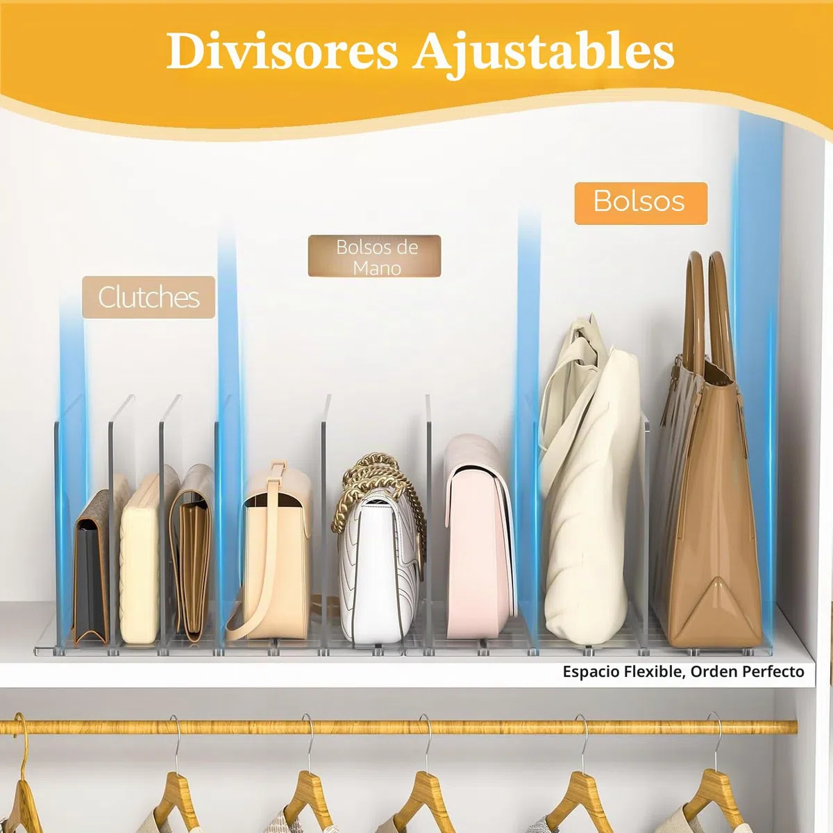 Set de 10 Separadores de Bolsos, Organizador de Bolsos de Plástico, Adjustable Separador Bolsos para Almacenaje Armario Estantes con Base Ranurada y Divisores para cocina, armario, baño