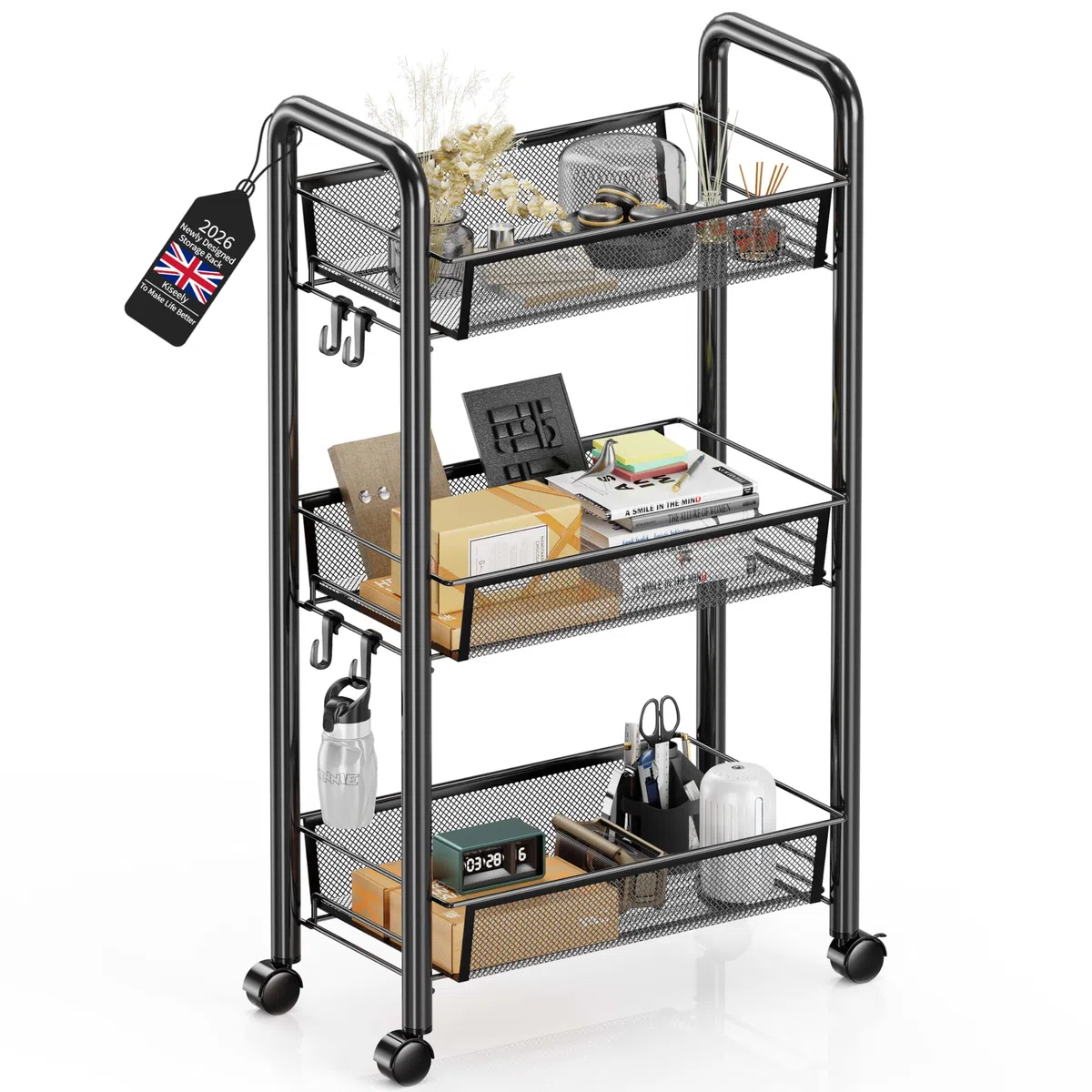 Carrito Auxiliar con Ruedas,Carro Cocina Metálica 3/4/5 Niveles, Carro de Servicios para Salón Baño Dormitorio Oficina,Carrito Auxiliar Multiusos (Negro, 3 Niveles)