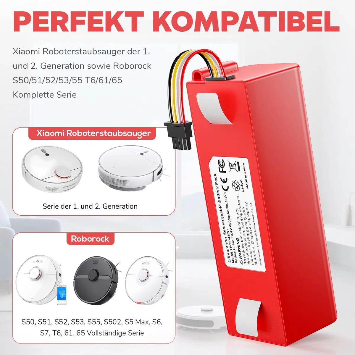 LabTEC Batería de Iones de Litio de 14,4 V y 6900 mAh de Repuesto para Xiaomi Roborock S5, S50, S51, S55, S6, S7, T6, E20 y E35, batería para el Robot Aspirador Mijia de 1.ª y 2.ª generación.