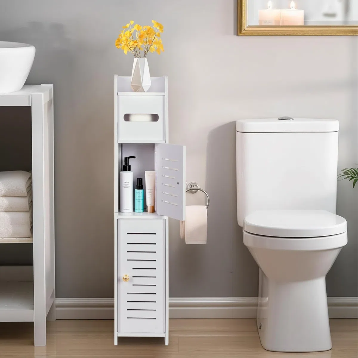 powerking Soportes de Papel higiénico, taquillas de baño, estantes de Esquina Delgados para Almacenamiento en Espacios pequeños, taquillas de baño pequeñas con Puertas - Blanco