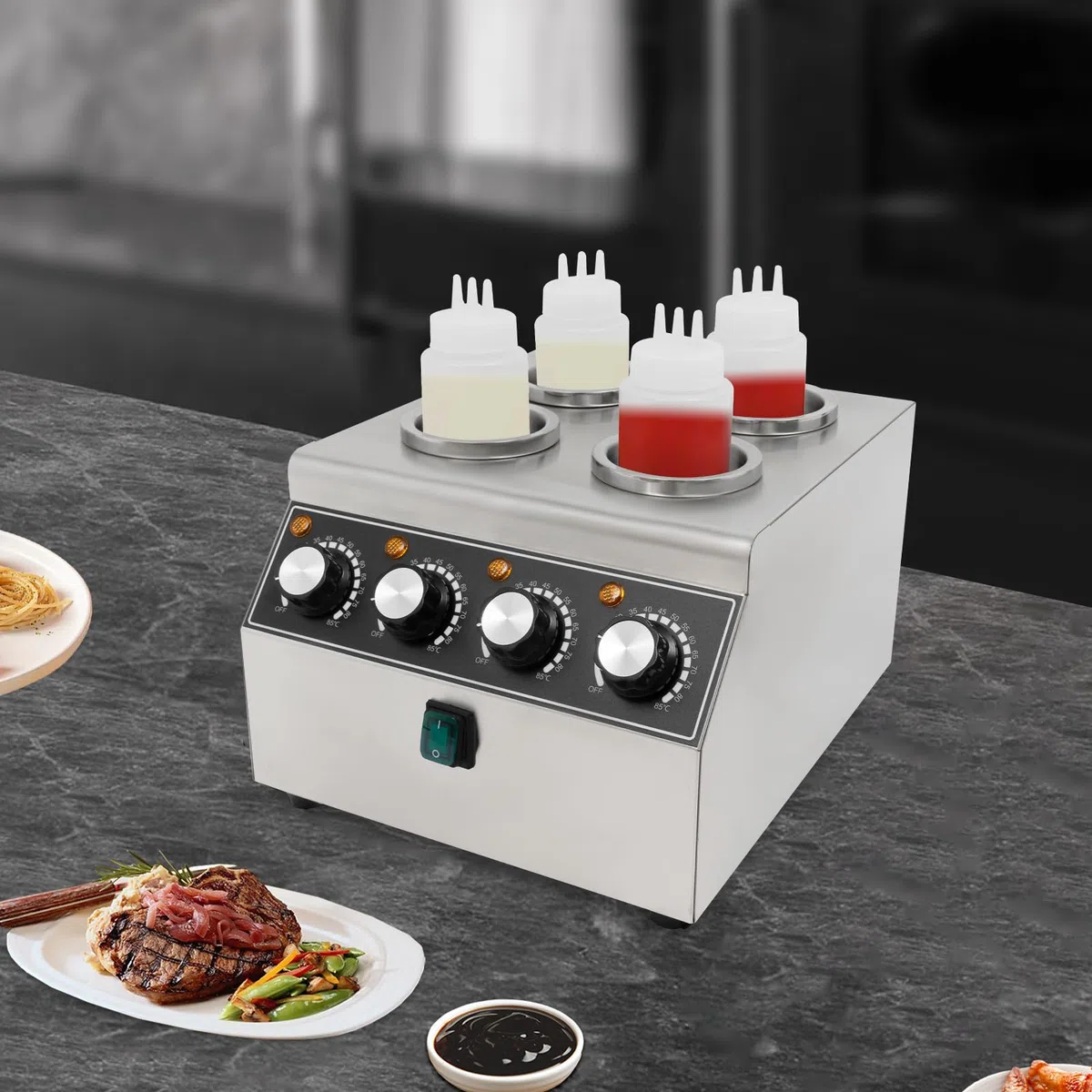 Calentador de salsas eléctrico de acero inoxidable, dispensador con 4 botellas de expresión, 800 W, para buffet y gastronomía, dispositivo de mesa con regulación de temperatura para ketchup