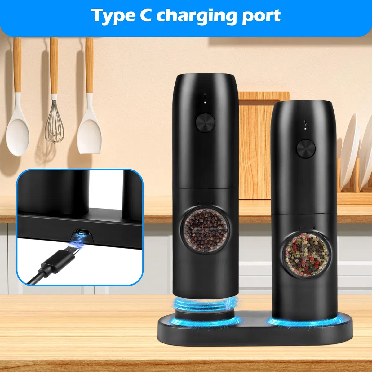 Juego de 2 molinillos de sal y pimienta eléctricos con base recargable, molinillo de especias con doble estación de carga, cepillo, luz LED blanca, molienda automática para barbacoa, restaurante,