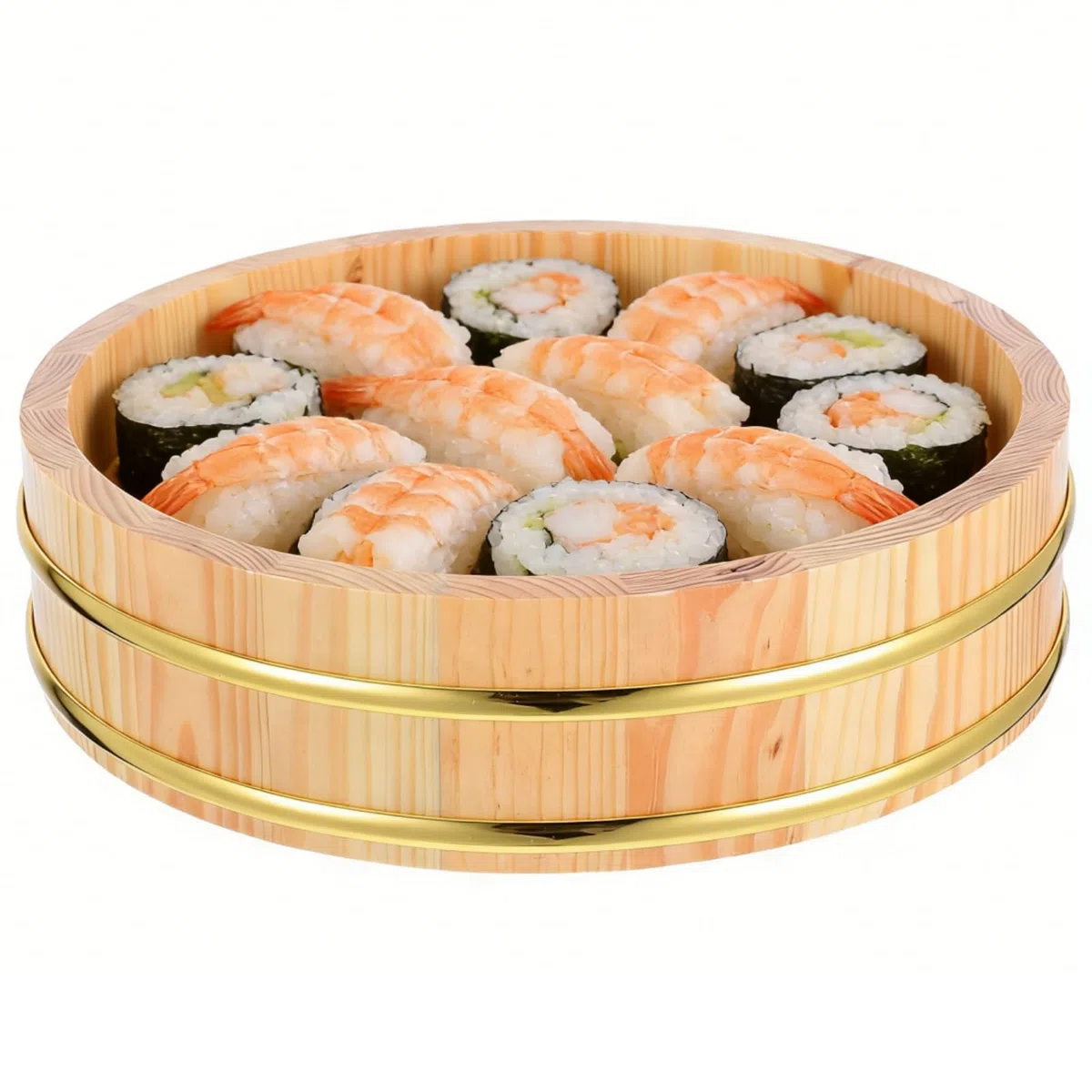 ULTECHNOVO Cuenco de Madera Hangiri para Sushi 24cm, Recipiente de Arroz Japonesa con Aros Dorados para Sashimi y Mariscos, Bandeja Redonda para Presentación de Comida y Tapas, 1 Pieza
