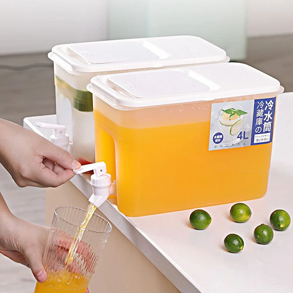 Dispensador de bebidas de 4 L con grifo, dispensador de agua para frigorífico con grifo, dispensador de bebidas de gran capacidad, plástico recargable, cubo de agua helada con tapa para bebidas frías