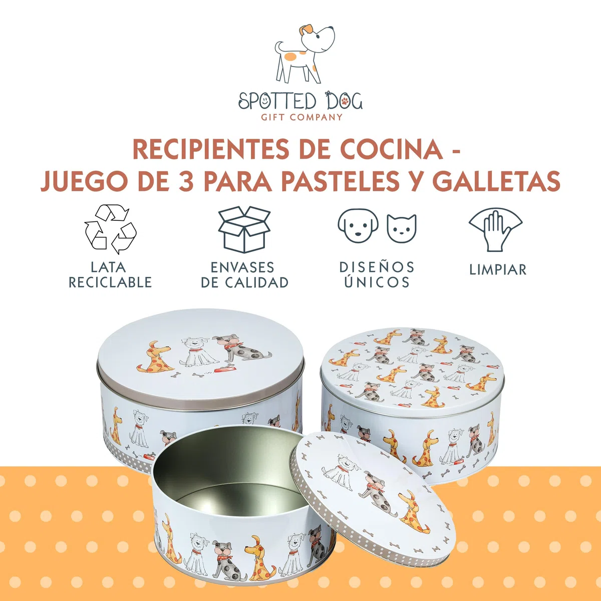 SPOTTED DOG GIFT COMPANY Juego de 3 Latas Almacenamiento para Tartas Redondas, Cajas para Galletas y Pasteles de Metal, Apilables Herméticos, Pequeño 20x9cm, Mediano 22x10cm, Grande 25x11cm - Perros