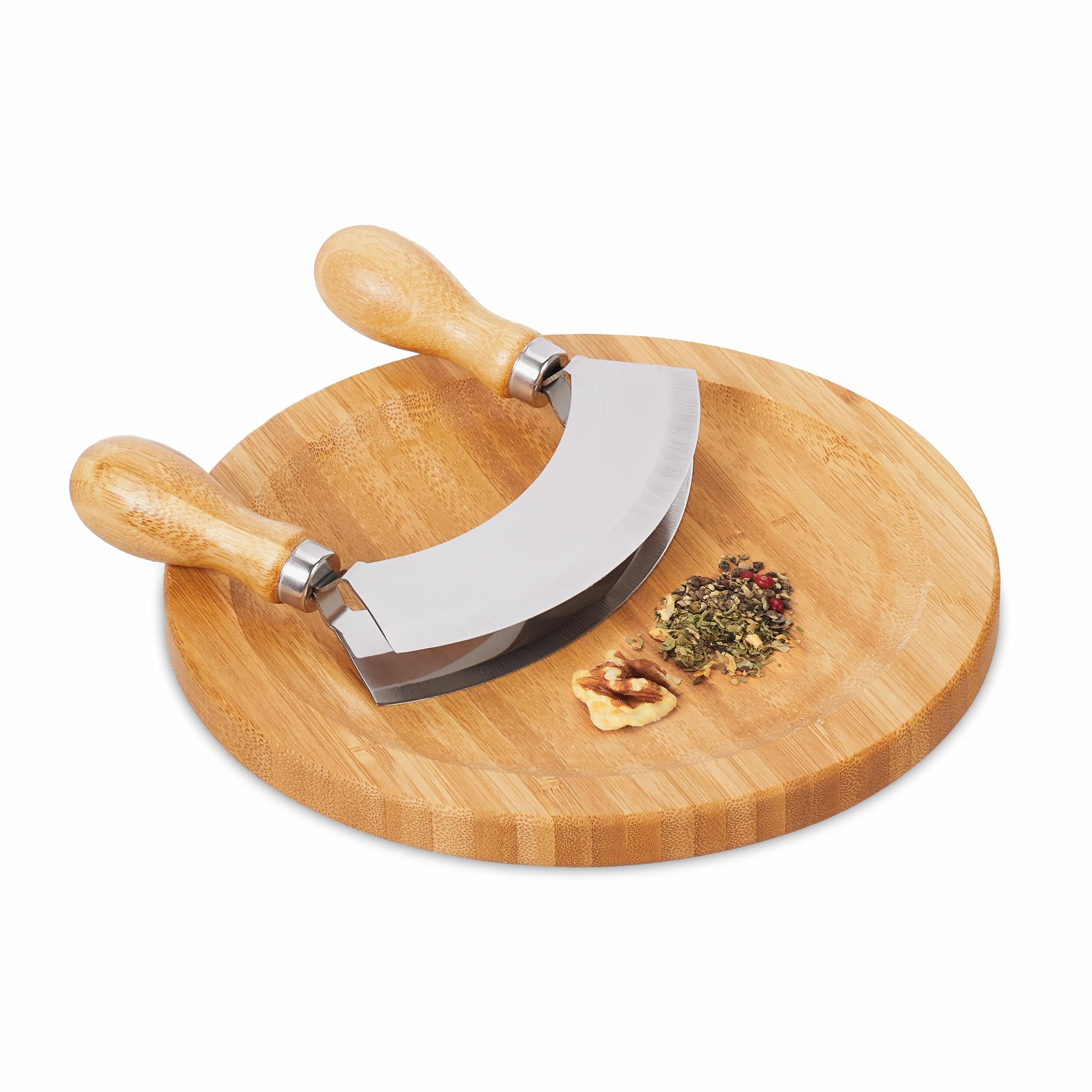 Relaxdays Kit Cuchillo Media Luna y Tabla Madera Ø20 cm, Tajadera Doble Hoja Acero, Picador Hierbas, Natural/Plata