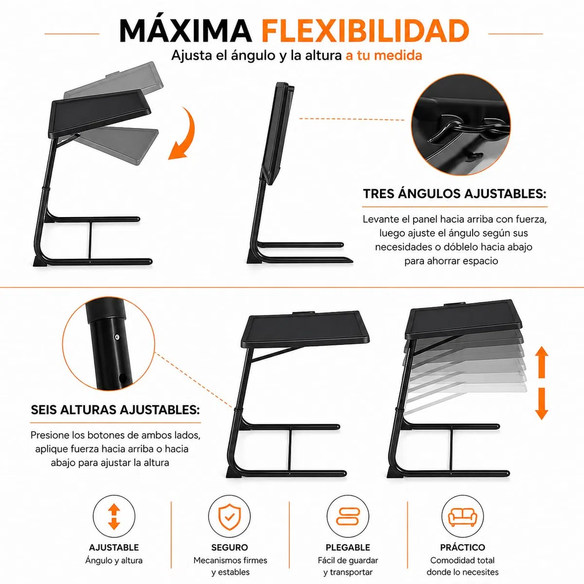 T-LOVENDO.ES Mesa Plegable Auxiliar pequeña portátil con Altura Ajustable Comedor. Ideal Escritorio Ordenador Sofa Cama o Cocina. con Posavasos. 3 ángulos, 6 Alturas.
