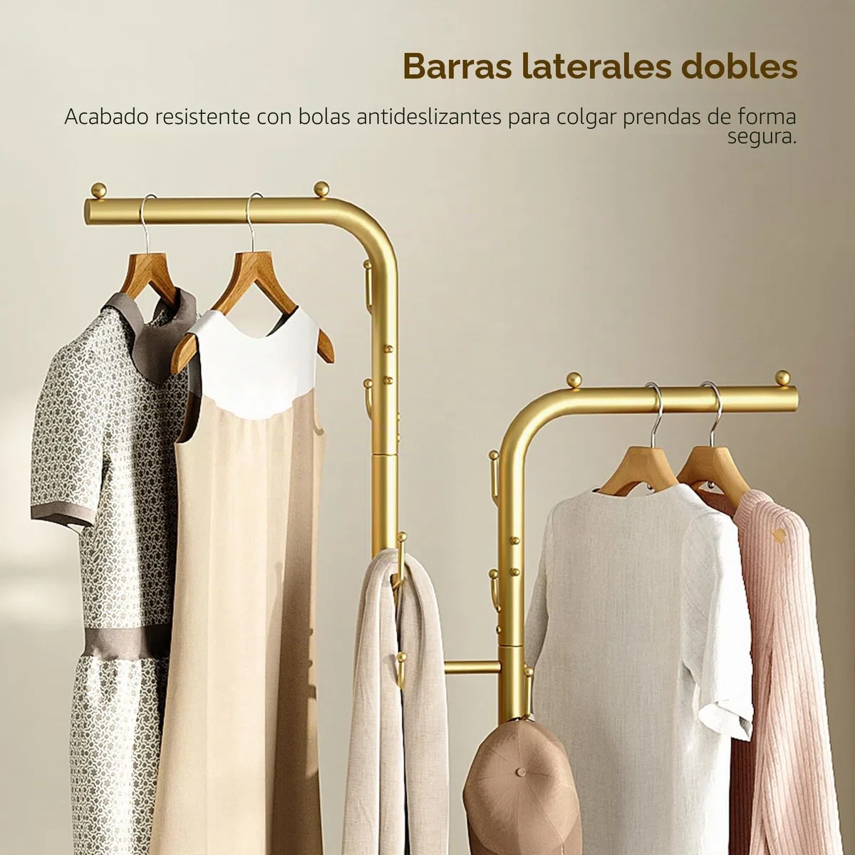 YATINEY Perchero con Doble Barra, Burro de Ropa de Pie Dorado, Organizador de Ropa para Entrada, con 8 Ganchos y Base con Motivos Marmoleados, Estilo Moderno, para Recibidor, XYM02DWY1
