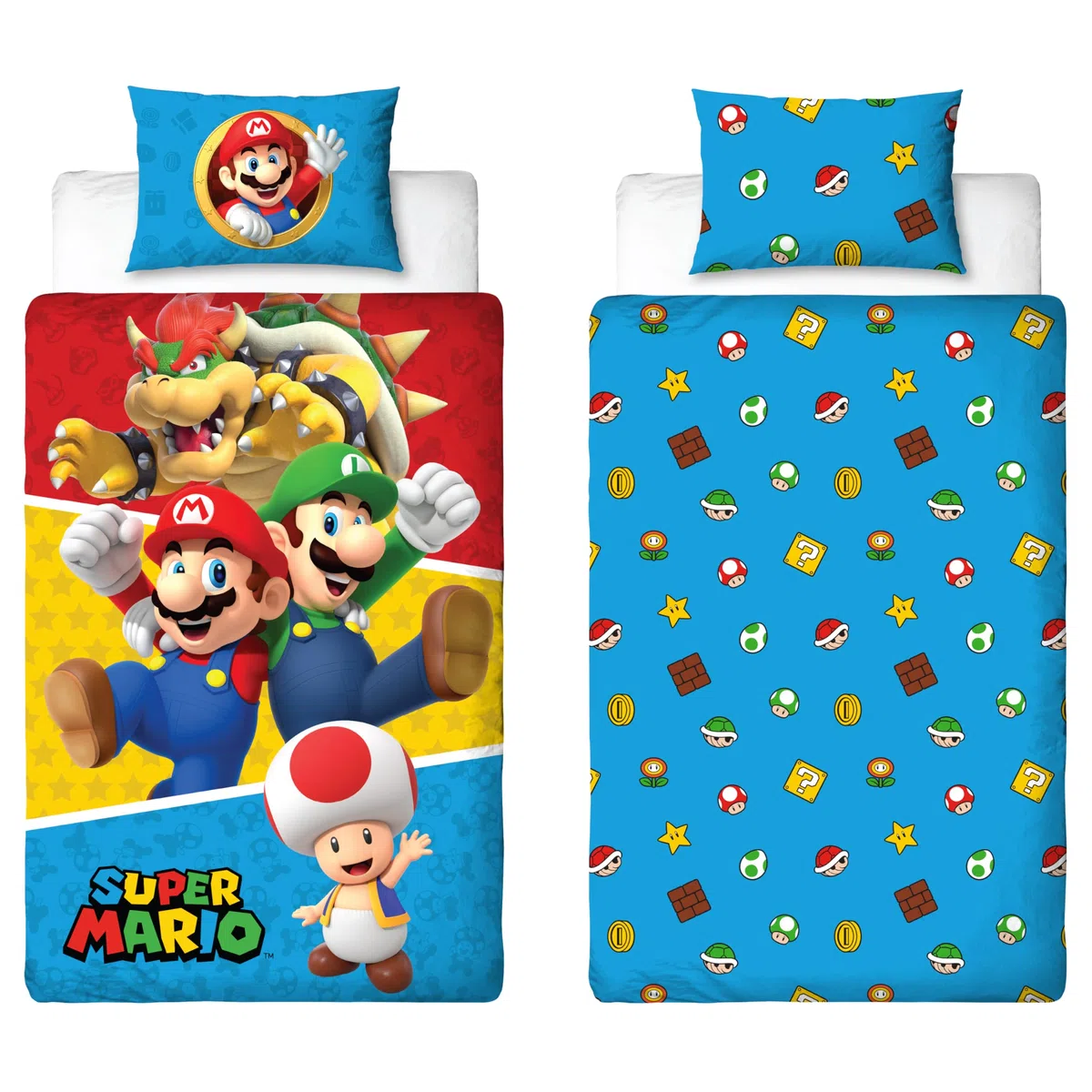 Nintendo Super Mario - Juego de Funda de edredón para Cama Individual, diseño de divisiones, Funda de Cama Reversible de 2 Caras, Producto Oficial con Funda de Almohada a Juego, Juego de Cama