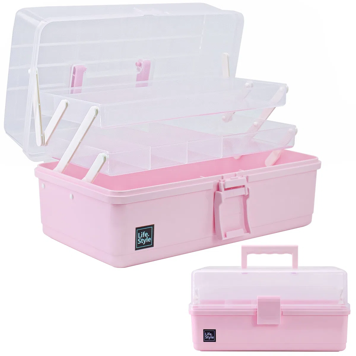 Creahaus Caja de almacenamiento multiusos de 33 cm, con 3 estantes, caja organizadora, caja de manualidades, caja de costura, maletín de medicina, caja de herramientas, maletín de pesca con 2 estantes