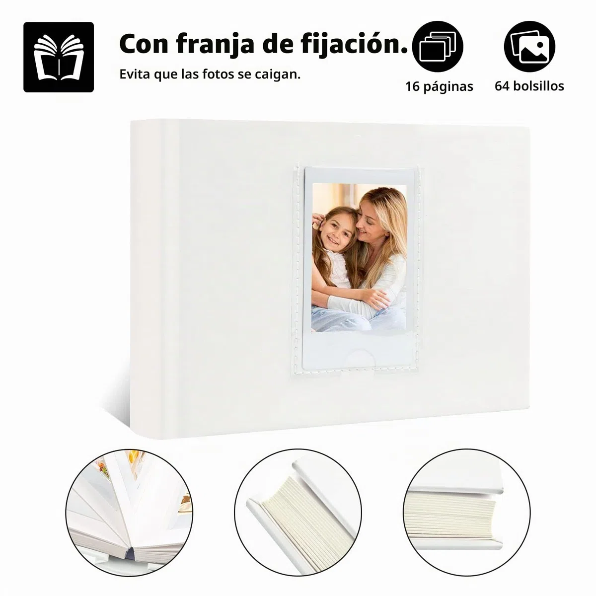 Álbum de fotos de 64 bolsillos con espacio de escritura, ventana frontal, Álbum de fotos Polaroid de 3 pulgadas, HP Sprocket, tarjetas fotográficas K-pop (Blanco)