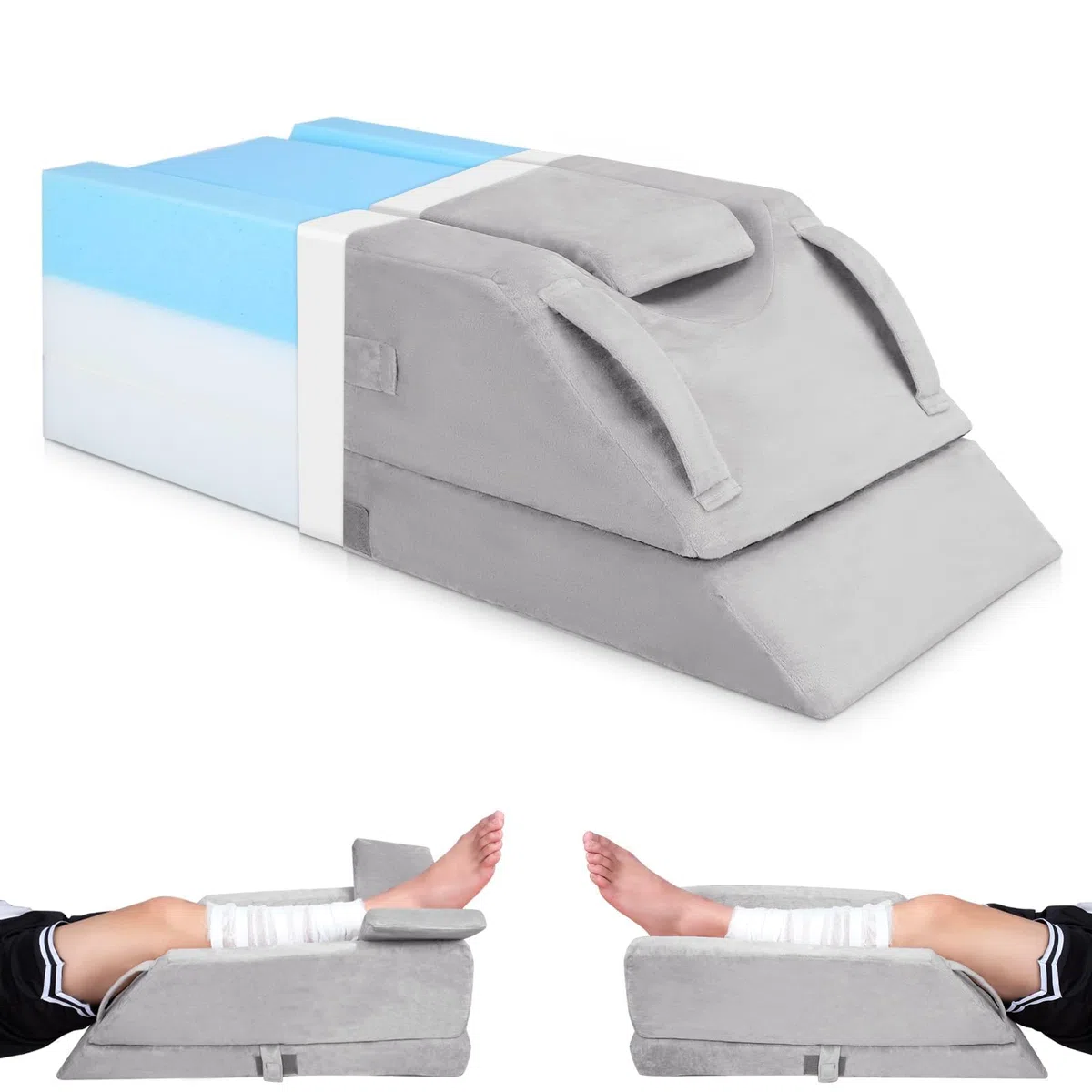 Cojines de elevación de piernas ajustables en 4 alturas, ideal después de una cirugía, para lesiones o relajación, espuma de memoria ortopédica, con 3 asas y un inserto extraíble, funda de terciopelo