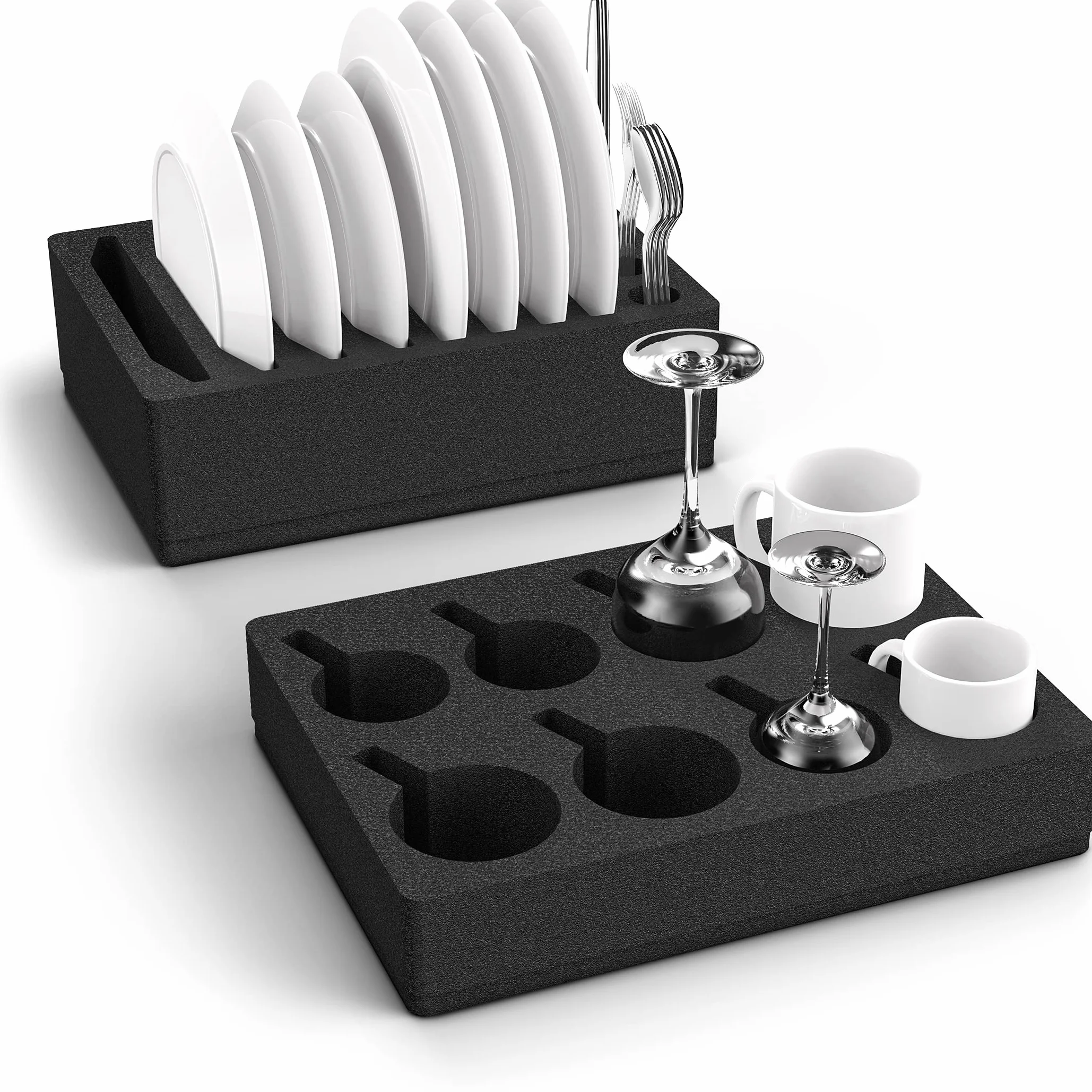 Siegvoll Juego de Soporte de Vajilla y Vasos de Espuma, Soporte para Cubiertos para 8 Platos + 8 Tazas (Compatible con Más Tamaños), para Camping, Caravanas, Autocaravanas y Barcos